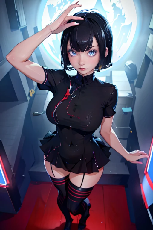 Masterpiece, extra high resolution, ultra -detailed, Beautiful European girl, black  hair, short bob cut, Amazing blue eyes, White Skin Skin, red-lips, blushful, gentle look, sorceress, Amazing face, The Amazing Mavis Dracula, realisti, Black Dress,  striped socks , Beautiful, the perfect body, Striped Thighhighs, Bulma, (On his feet:1.2)