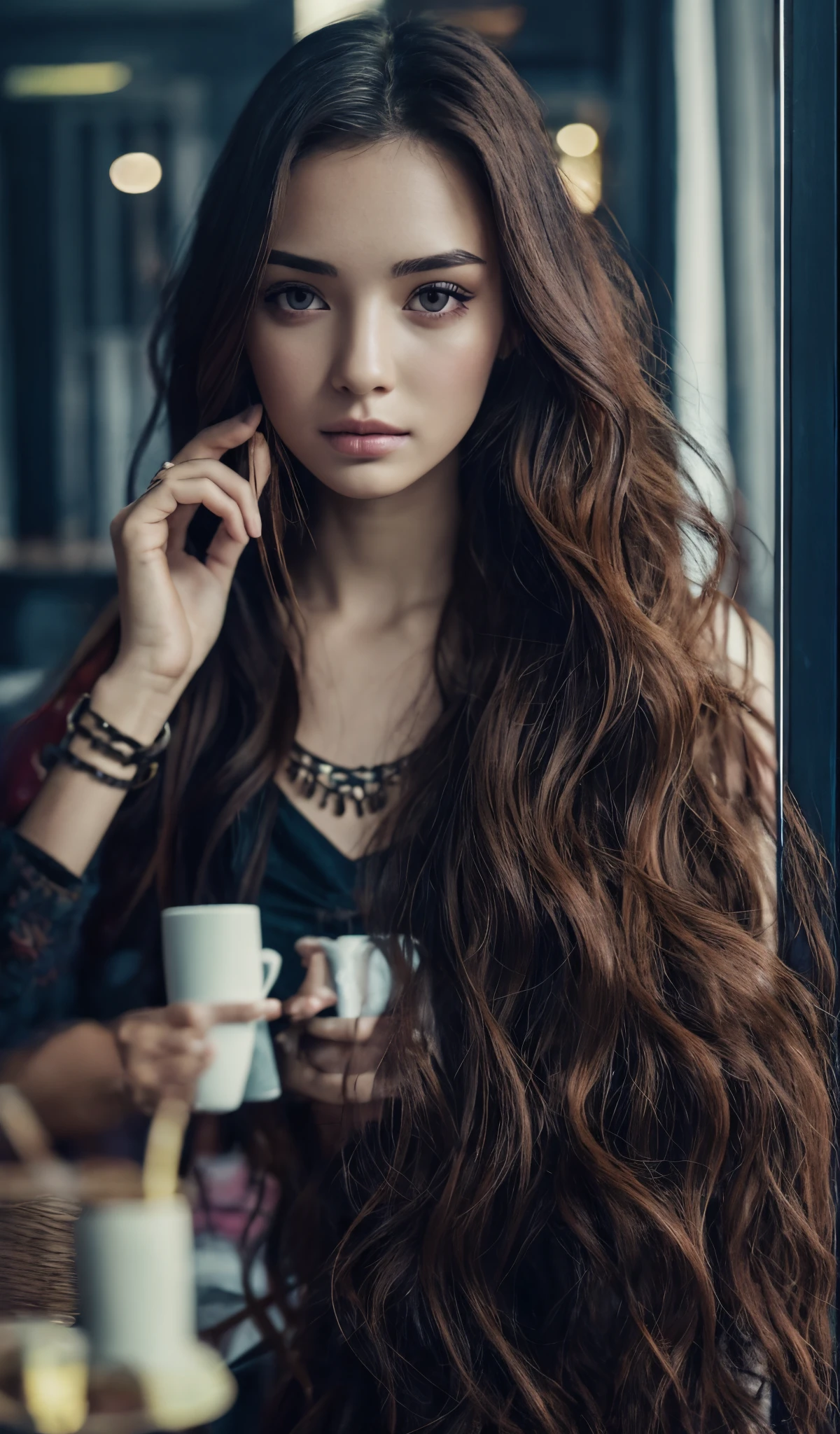 Woman from Arafed with Bohemian clothes, girl with brown eyes, Portrait Sophie Mudd, long, curly, messy brown hair and big eyes, mirror selfie of a young woman, Bedroom eyes, Violet Myers, no makeup, natural makeup, Look directly at the camera, Face with Artgram, Subtle makeup, Gorgeous photo , in a cafe --auto --s2