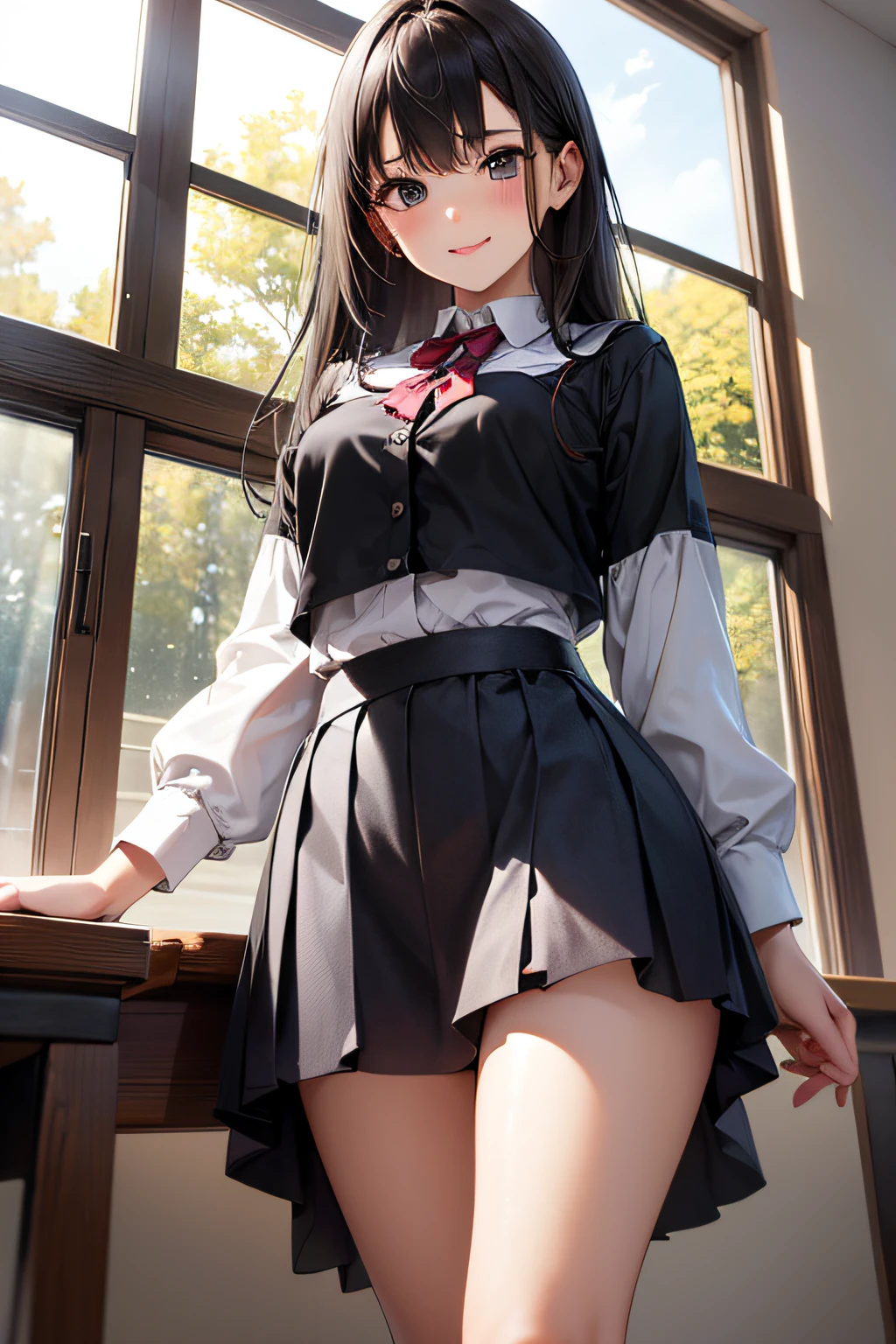 very cute and beautiful school girl,(very detailed beautiful face and eyes:1.2),
Smile,(Mini skirt),(Cowboy Shot),(From below),Black hair,Dynamic Pose,Beautiful legs,
Wooden Classroom,window,Distant trees々Yamori,
(Best Quality,masutepiece:1.2),Intricate details,hight resolution,1 girl,Solo,Cinematic lighting,