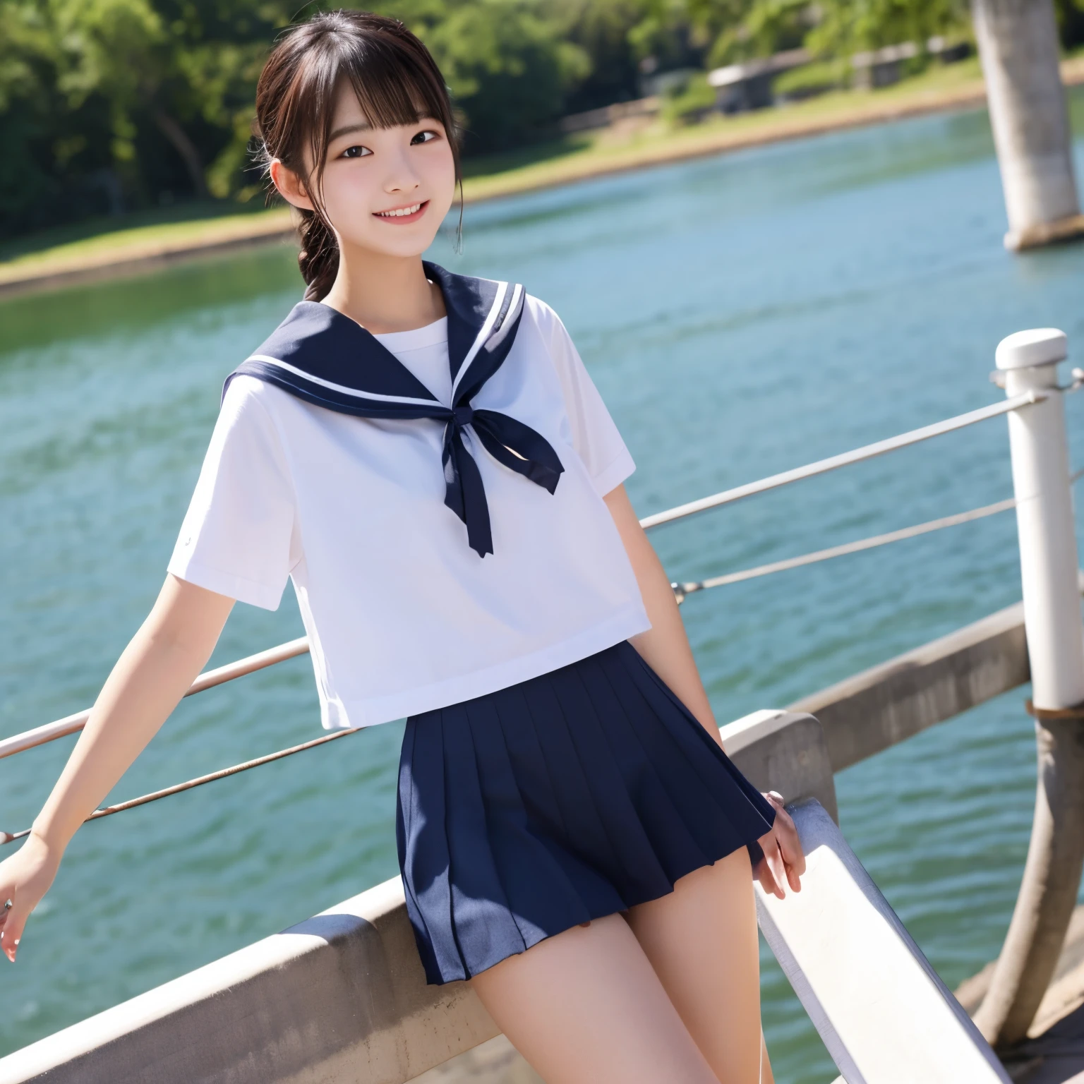 Arafed asian woman in a sailor outfit posing on a pier - SeaArt AI