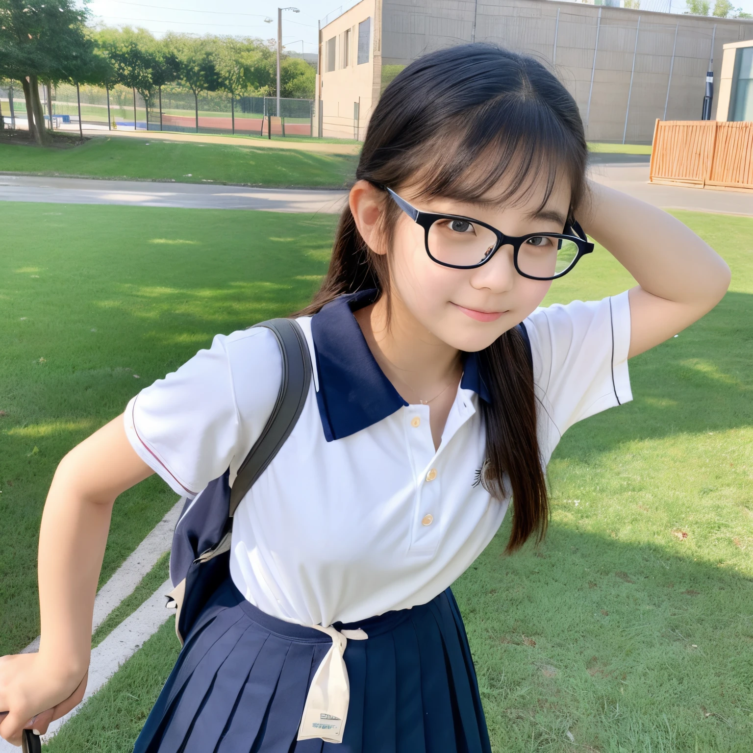 18year old、female high-school student、Desportivo、Smaller chest、cute face、with round face、Wear round glasses、Glasses Girl、Whole body thinner、thin arm、A slender、Tall。Sunny、Bright schoolyard、Looking here、Photograph the whole body、firm skin、view front、Have a water bottle。