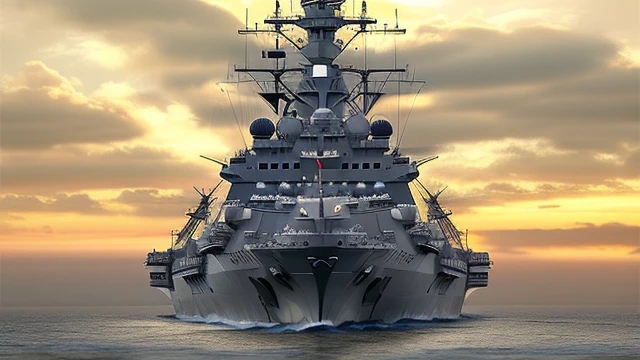 late sunset，French and German ships on the sea and clouds in the sky, Realistic warship design, battleship, warships, warships, Realistic military aircraft carrier, Yamato, naval battles, cg art, cancolle, great sense of depth, naval battles, Positive point of view, ships, splendid fleet, rendering of checkmate, author：Richard Mayhew