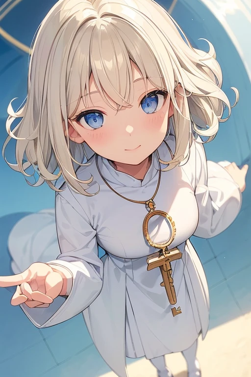 fluffy hair, gently smiling, (roundly eyeright blonde hair, ((Loose and fluffy perm)), (Short bob hair), Blue eyes, Blonde blue-eyed, White Dress, White monastic vestments, A slender, Crisp eyes, key pendant, ((Perspective from above)),