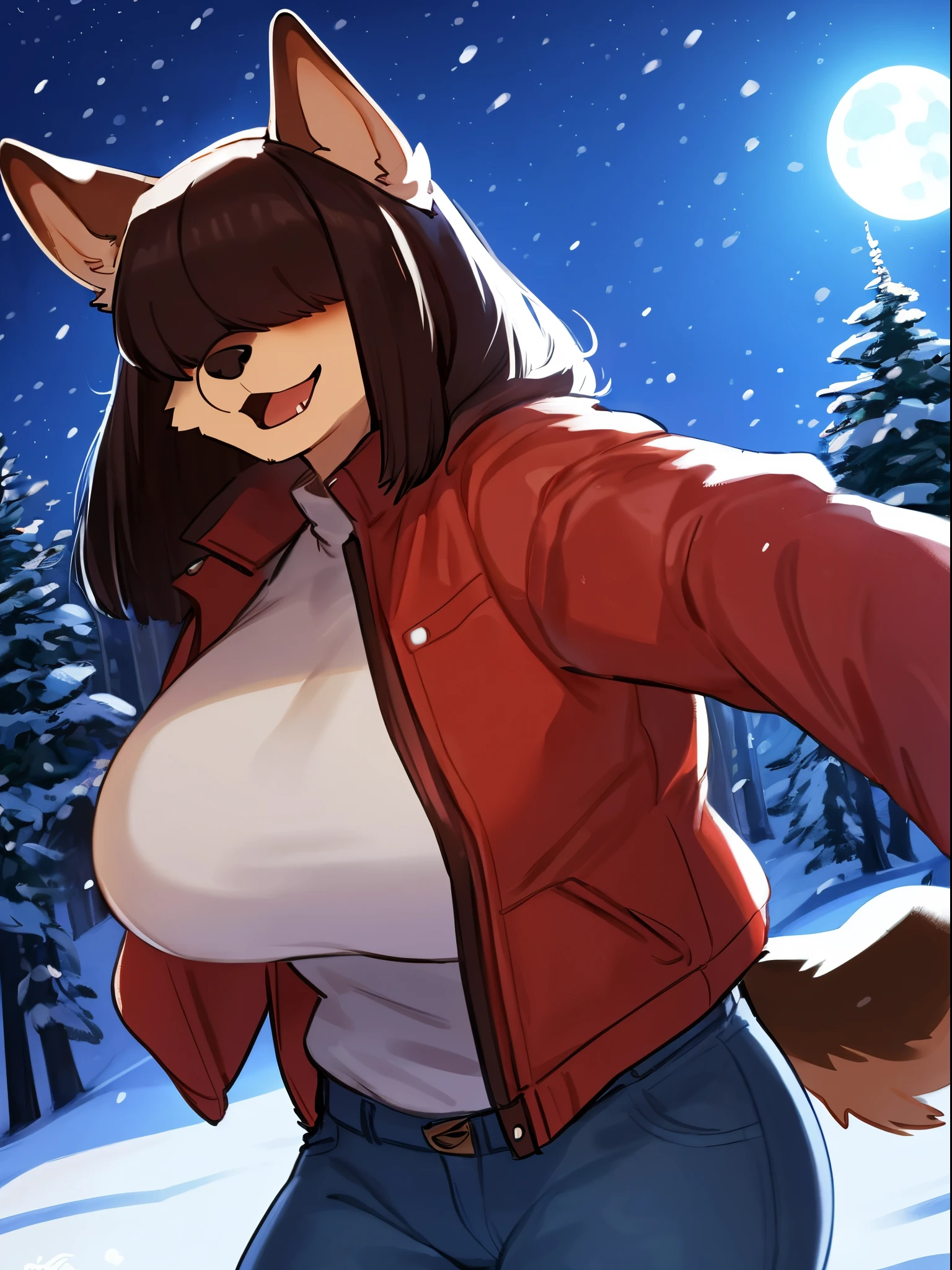 By bebebebebe, by lostgoose, by goonie-san, futa, ((canine, snout, hair covering eyes, straight hair, medium hair, flat hair, ears, thin snout)), brown fur, big poofy tail, raised tail, dark maroon hair, (muscular, big breasts), solo, standing, town, winter, snow, snowing, night, shocked, surprised, open mouth, jazz hands, white turtleneck sweater, winter pants, looking at viewer, facing viewer