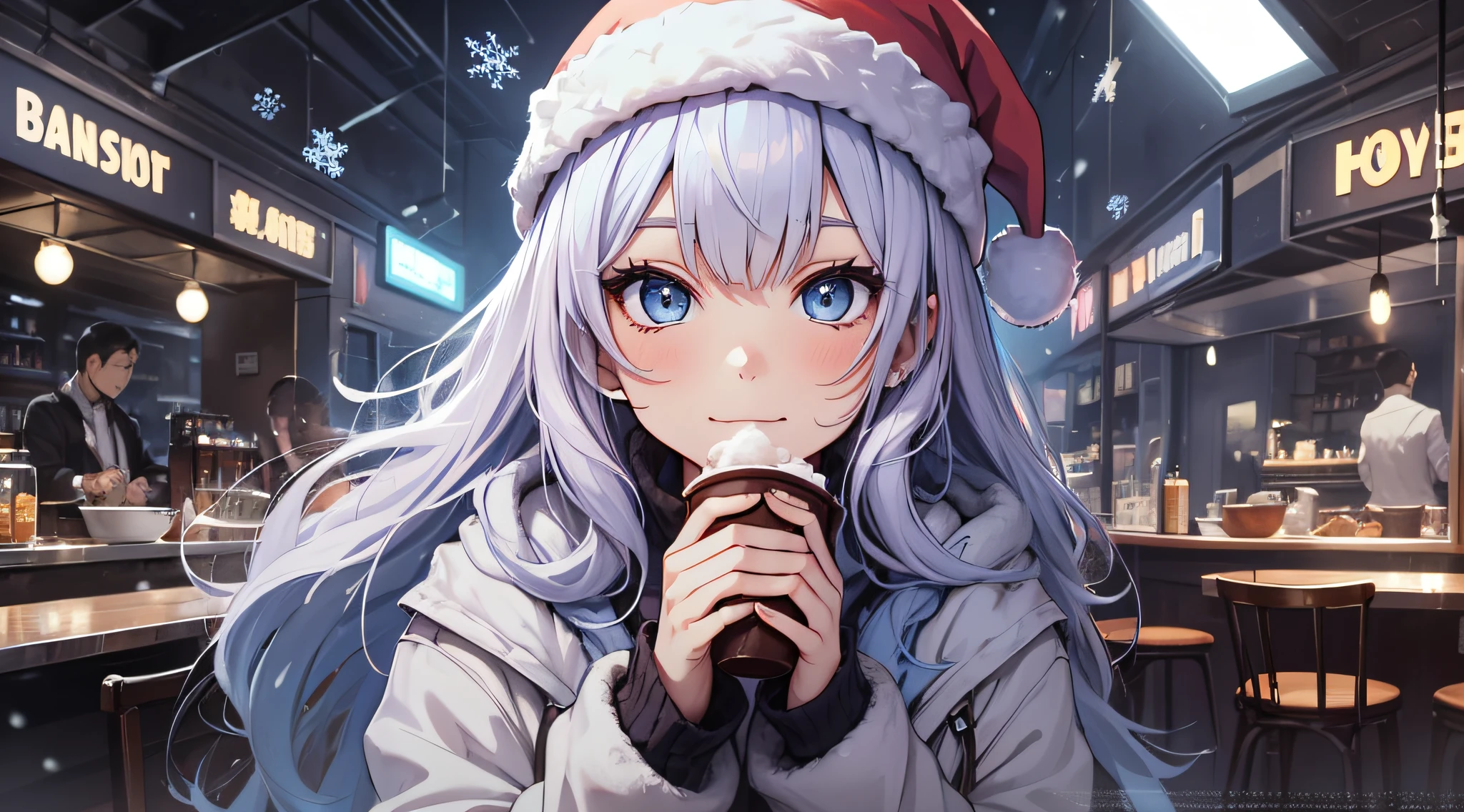 top-quality、Top image quality、masterpiece、teens girl((white longcoat、black pants rack over shirt、Santa's Hat、18year old、 Ager、Best Bust、big bast,Beautiful light blue eyes, Long silver hair、A slender,Large valleys、dye one's cheeks red、White breath、Reflecting the whole body、jamping、reaching out her hands、dye one's cheeks red、A slight smil、sit a chair、A slight smil)),hiquality、Beautiful Art、Background with(( Calm cafe at night、Counter seats、Hot coffee、chocolate cake、snowflakes falling、Heavy snow falls、snowman、 A world where snow piles up)))、masutepiece、depth of fields,