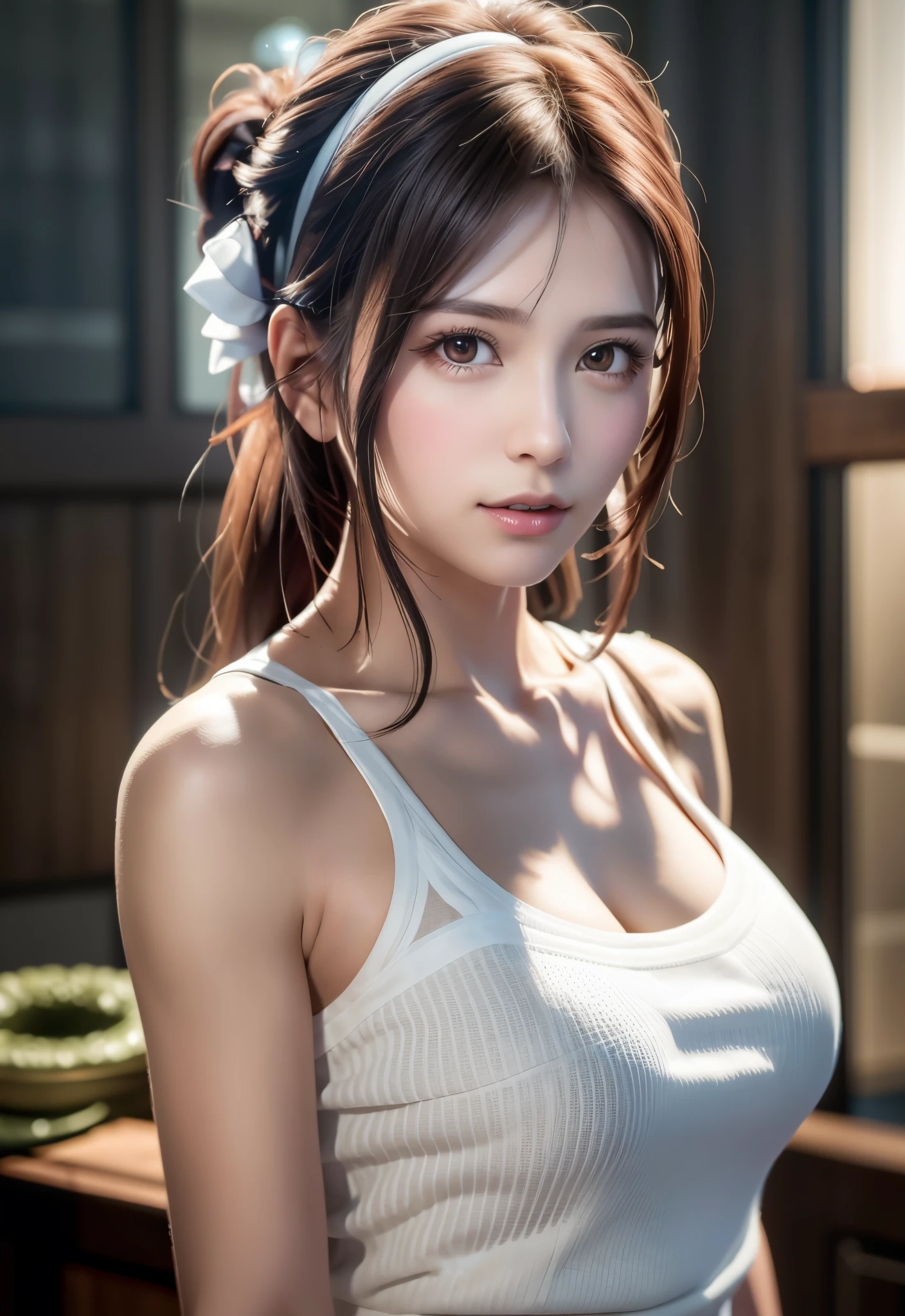 8K, of the highest quality, masutepiece:1.2), (Realistic, Photorealsitic:1.37), of the highest quality, masutepiece, Beautiful young woman, Pensive expression, Gentle eyes, Apron naked、Lovers、Hair tied back, Messy mood, Cinematic background,  Light skin tone