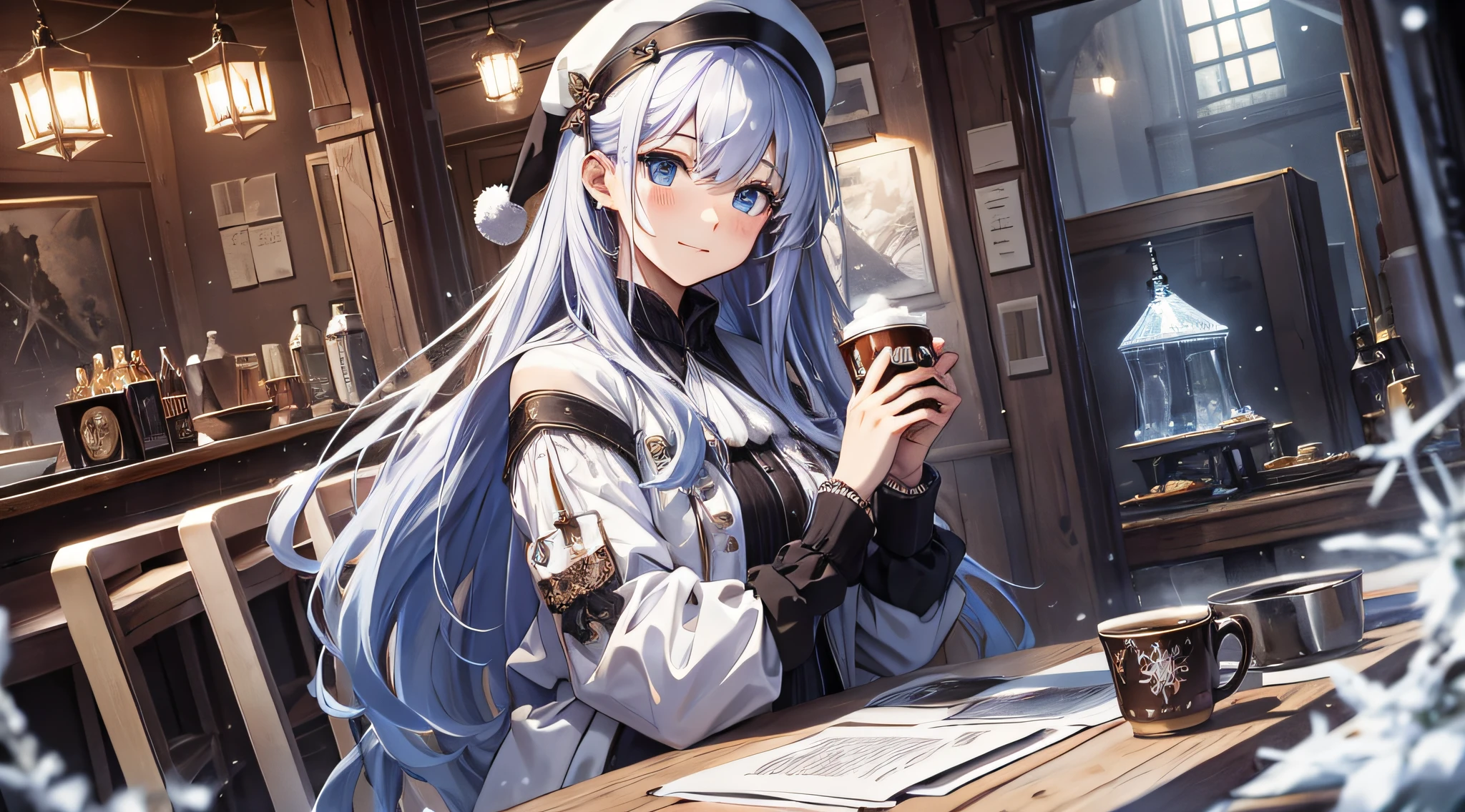top-quality、Top image quality、masterpiece、teens girl((white longcoat、black pants rack over shirt、Santa's Hat、18year old、 Ager、Best Bust、big bast,Beautiful light blue eyes, Long silver hair、A slender,Large valleys、dye one's cheeks red、White breath、Reflecting the whole body、jamping、reaching out her hands、dye one's cheeks red、A slight smil、sit a chair、A slight smil)),hiquality、Beautiful Art、Background with(( Calm cafe at night、Counter seats、Hot coffee、chocolate cake、snowflakes falling、Heavy snow falls、snowman、 A world where snow piles up)))、masutepiece、depth of fields,