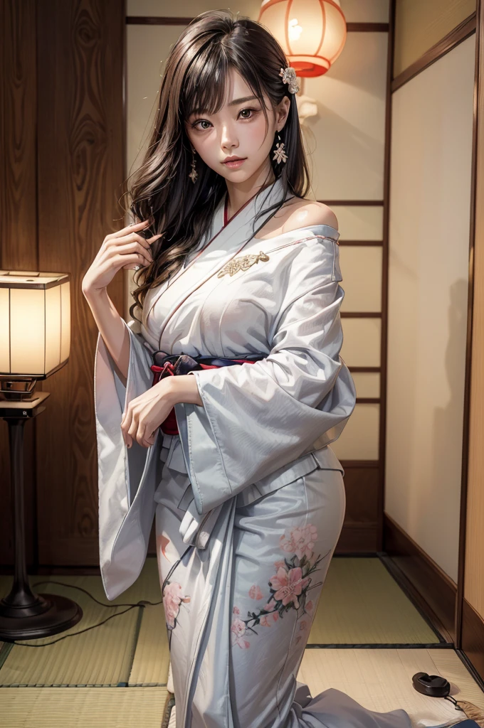 (masutepiece:1.Photoreal Stick:1.4, 8K), top-quality, masterpiece, 超A high resolution, Professional camera work, Grow Light Effect, Realistic portrait, Cinematic Light, Highly detailed skin and facial texture:1.Perfect dynamic composition, The ultra-detailliert, A detailed eye, Detailed limbs, (Japanese-style room in the Japan, formal hanging scroll, tradition:1.5), 1girl in, 25-years old, cute sexy japanese slim woman, Fair skin, (Enraptured look:0.9, Totally captivates you:1.0), (Silver kimono:1.32 off shoulder), (voluptuous breasts:0.9), (Backshots, Calm pose), (Beautiful blue eyes, Eyes that feel beautiful eros:0.85), Sexy face:0.4, (A mouthfeel that feels beautiful eros:0.85), ((Too cute beauty:0.9))