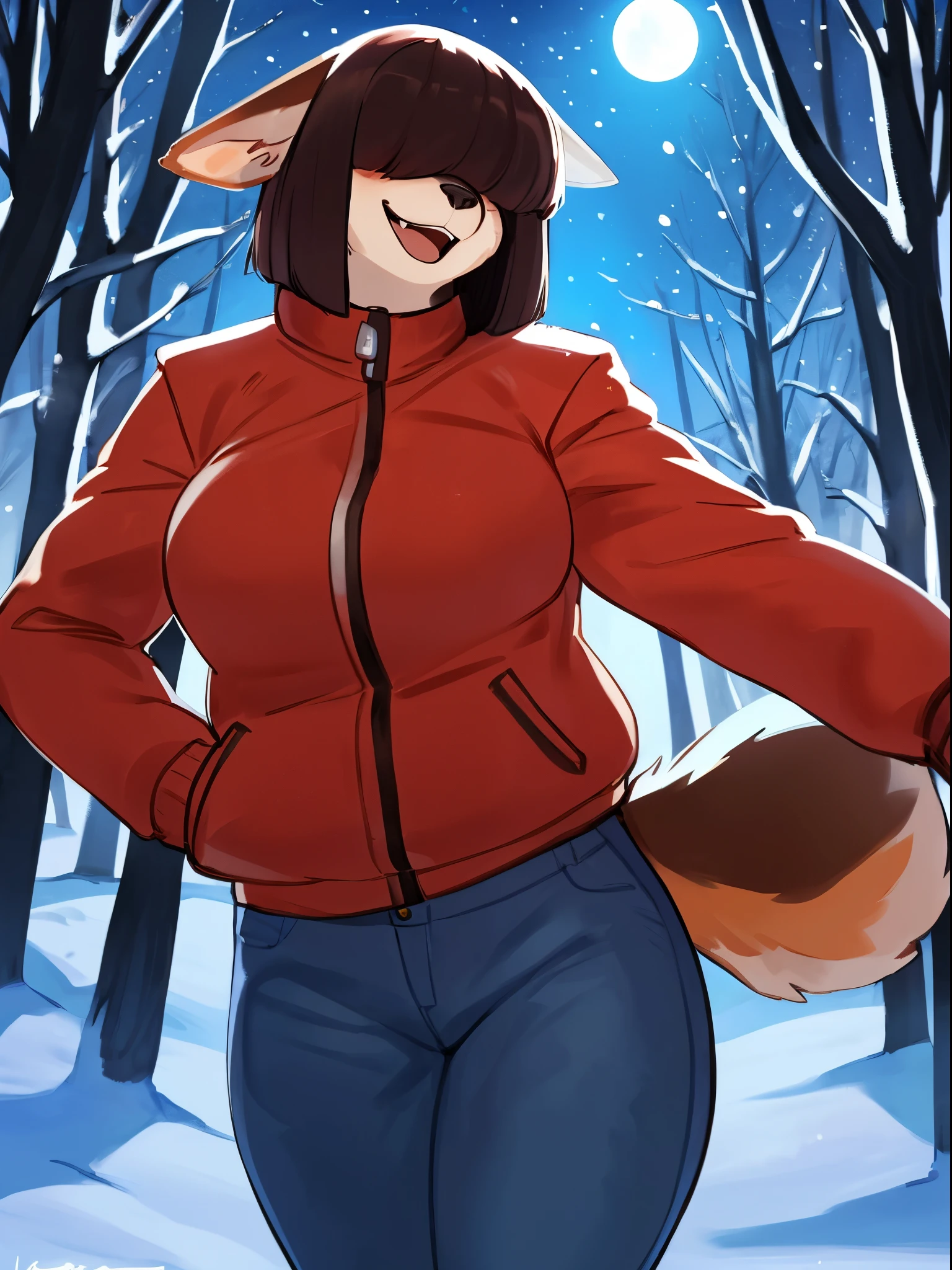 (((By bebebebebe))), ((by lostgoose)), (by goonie-san), female, ((canine, snout, hair covering eyes, straight hair, medium hair, flat hair, ears, thin snout)), brown fur, big poofy tail, raised tail, dark maroon hair, ((muscular, big breasts)), solo, (turtleneck leotard, keyhole sweater, cleavage), snow, snowing, night time, moon, forest, smiling, happy, fun pose, happy pose, open mouth, squatting, pussy floss, butt visible from front, cameltoe