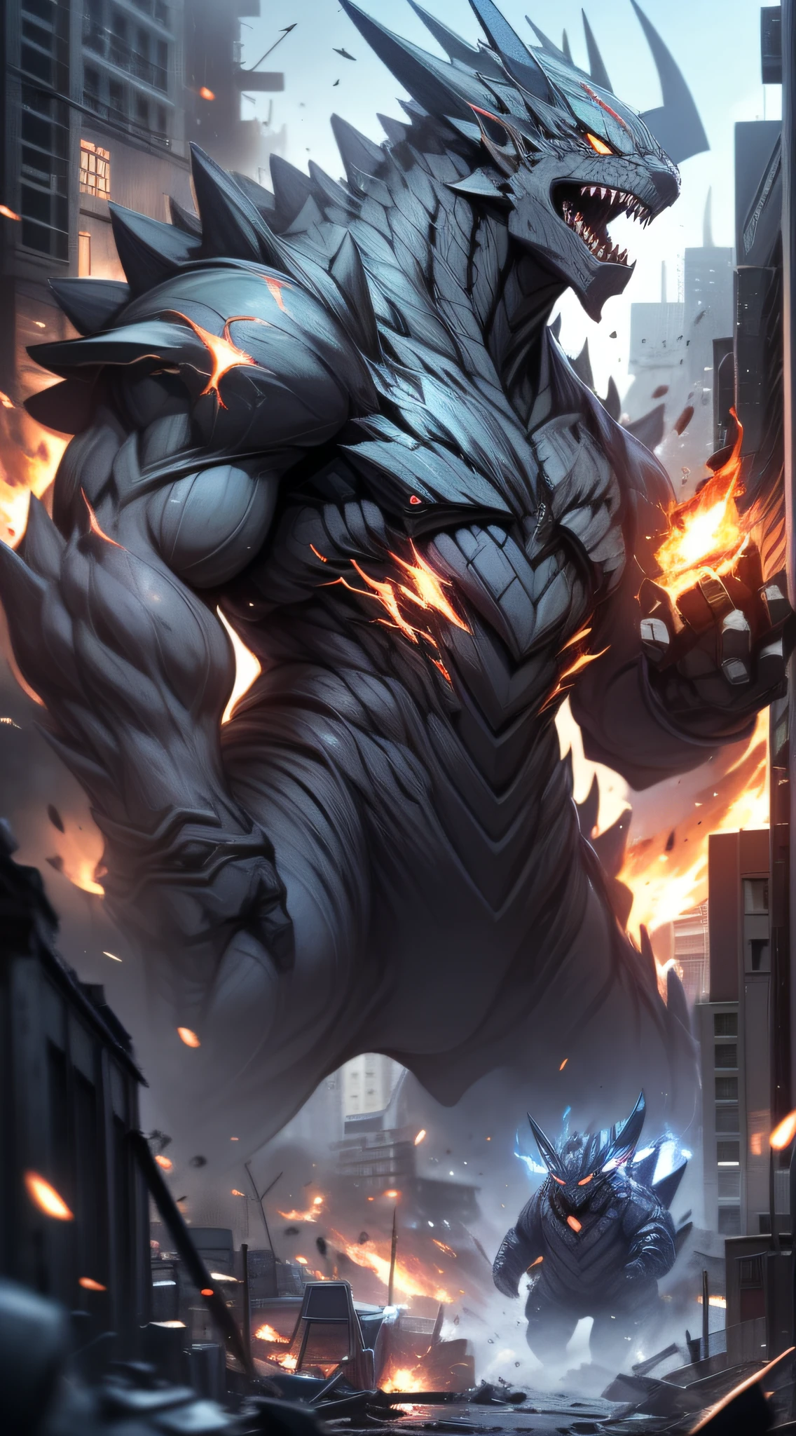 top-quality、Top image quality、​masterpiece、Kaiju((Black torso、red body line、prickly appearance、godzilla style、Spit fire through the mouth,)),hiquality、Beautiful Art、Background with(( Burning City、City of collapsing buildings、explosions、missile flight、combat tank)))、masutepiece、depth of fields,