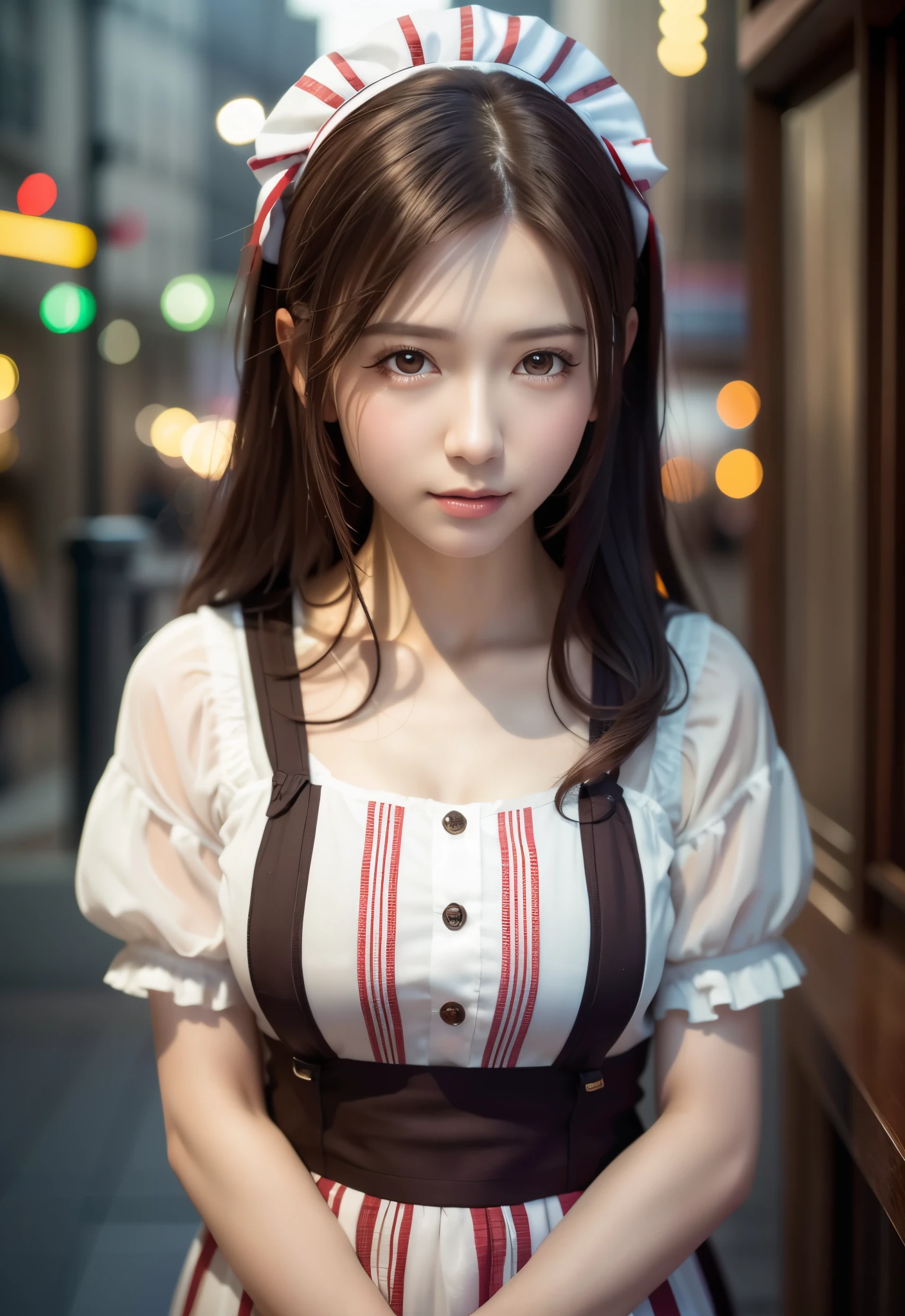 8K, of the highest quality, masutepiece:1.2), (Realistic, Photorealsitic:1.37), of the highest quality, masutepiece, Beautiful young woman, Pensive expression,、A charming、and an inviting look, Cute Maid Clothes, Hair tied back, Cinematic background, Light skin tone