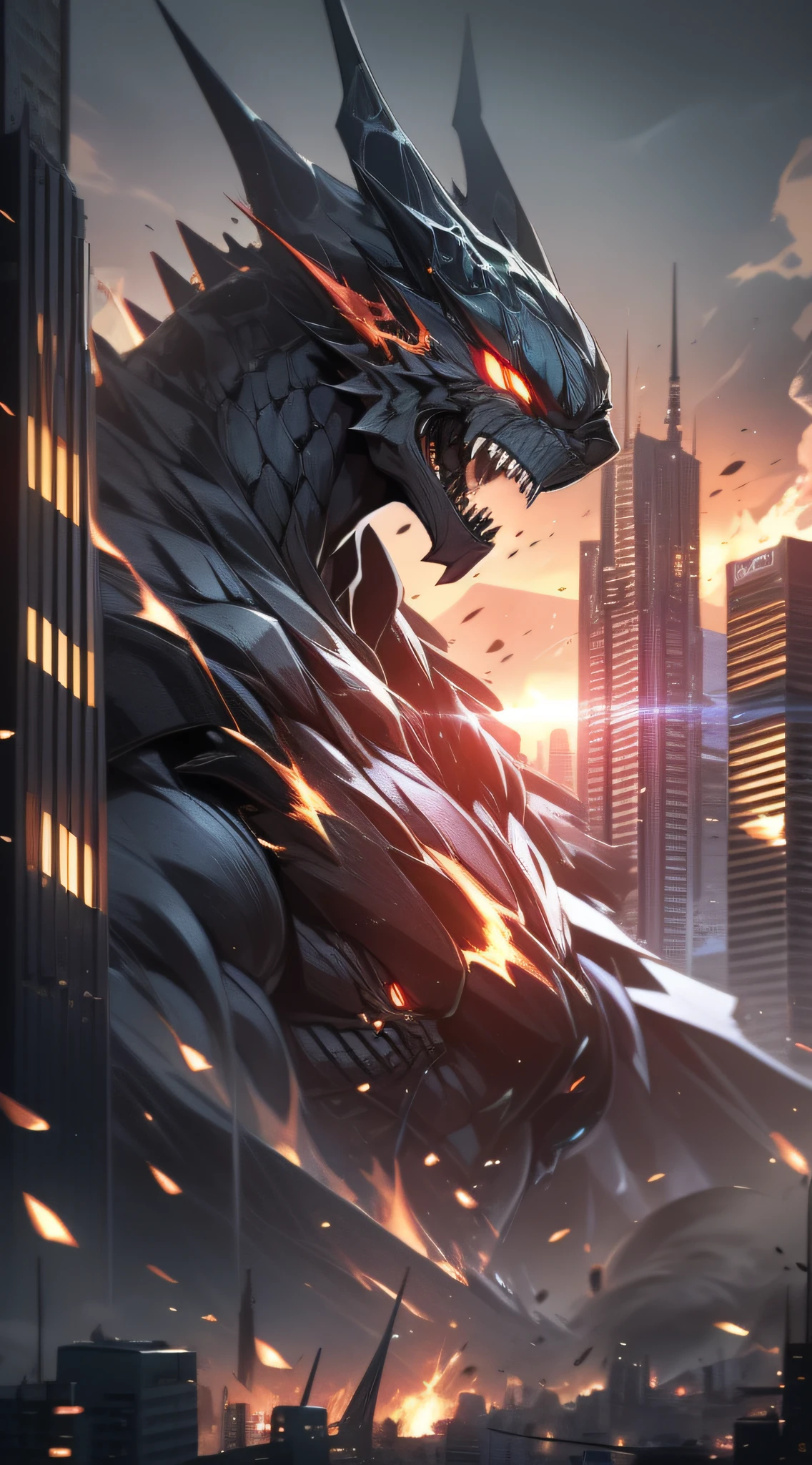 top-quality、Top image quality、​masterpiece、Kaiju((Black torso、red body line、prickly appearance、godzilla style、Spit fire through the mouth,)),hiquality、Beautiful Art、Background with(( Burning City、City of collapsing buildings、explosions、missile flight、combat tank)))、masutepiece、depth of fields,