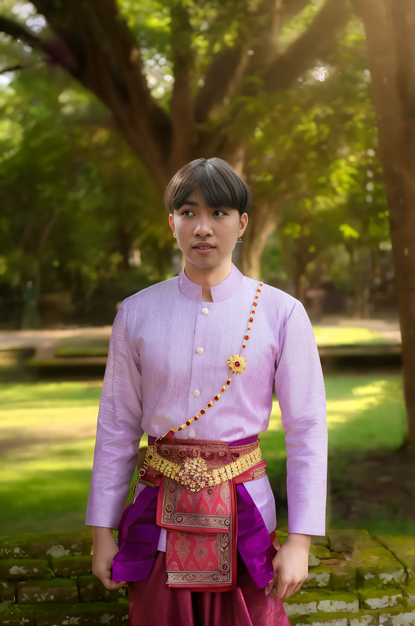 A man wearing a purple shirt and red skirt stood in front of a tree.., sukhothai costume, in style of thawan duchanee, beautiful prince, Wear traditional costumes.., Delicate Gangster Prince, Wear luxurious clothes.., wearing authentic attire, Jaw shape in medieval clothing, He wore royal regalia., traditional dress