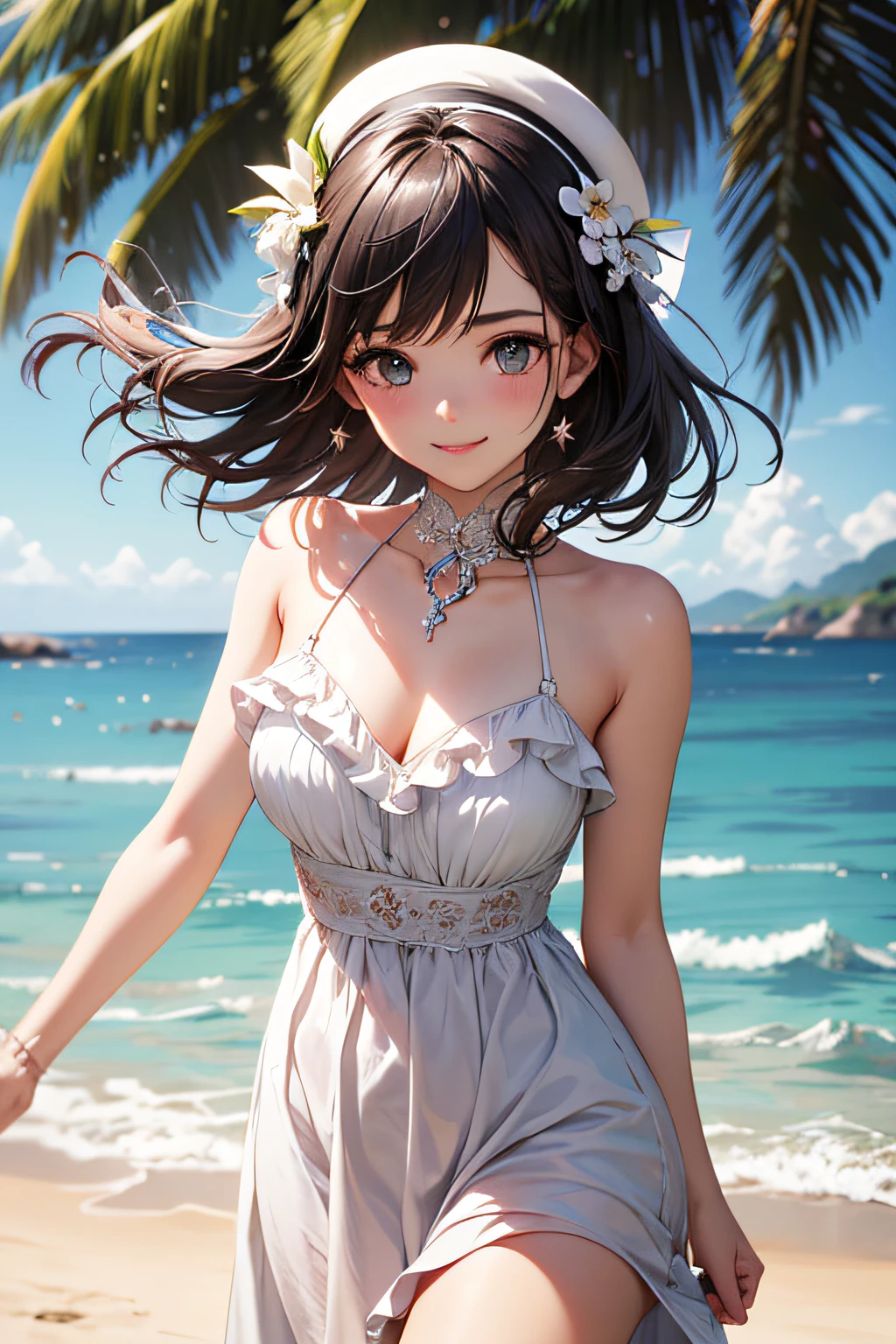 Very cute and beautiful girl,white sundress with small ruffles,(very detailed beautiful face and eyes:1.2),
(Cowboy Shot),Detailed legs,Smile,Black hair,Dynamic Pose,Dynamic Angle,Looking at Viewer,
(Beach),steep cliff in the distance,(Best Quality,masutepiece:1.2),(Intricate details),1 girl,Solo,hight resolution,
Natural lighting,Hair fluttering in the wind,Beautiful detailed sky,