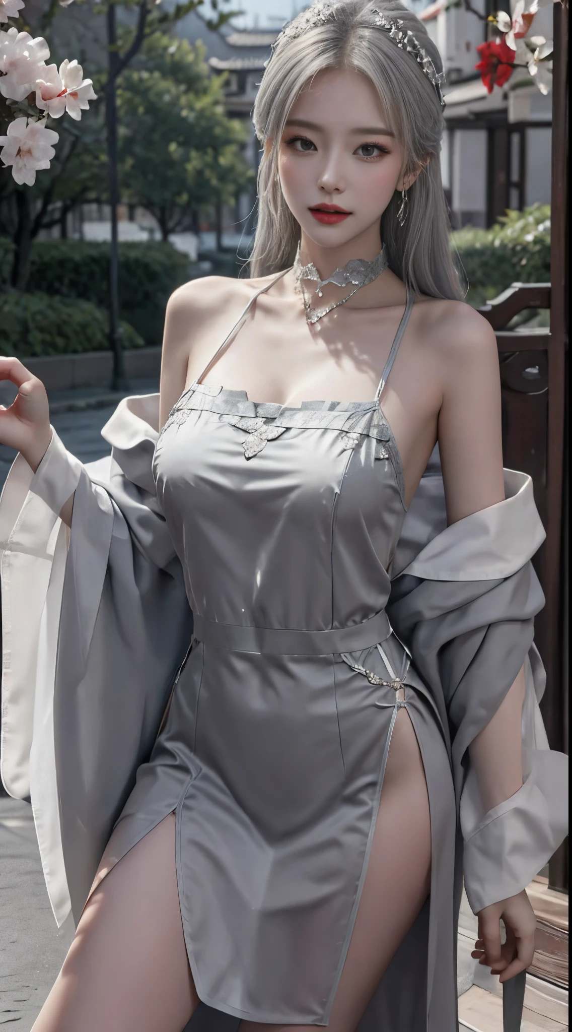 tmasterpiece，Best quality at best，（natta：1.7），looking over city，（luring：1.3），City lights，skyscrapper，the street，closeup cleavage，
1 sister，jewely，ear nipple ring，choker necklace，Stood up，Put on a beautiful face，Full body lesbian，（Long gray hair：1.5），
Straight dress，scantily clad，，Chinese clothes，，