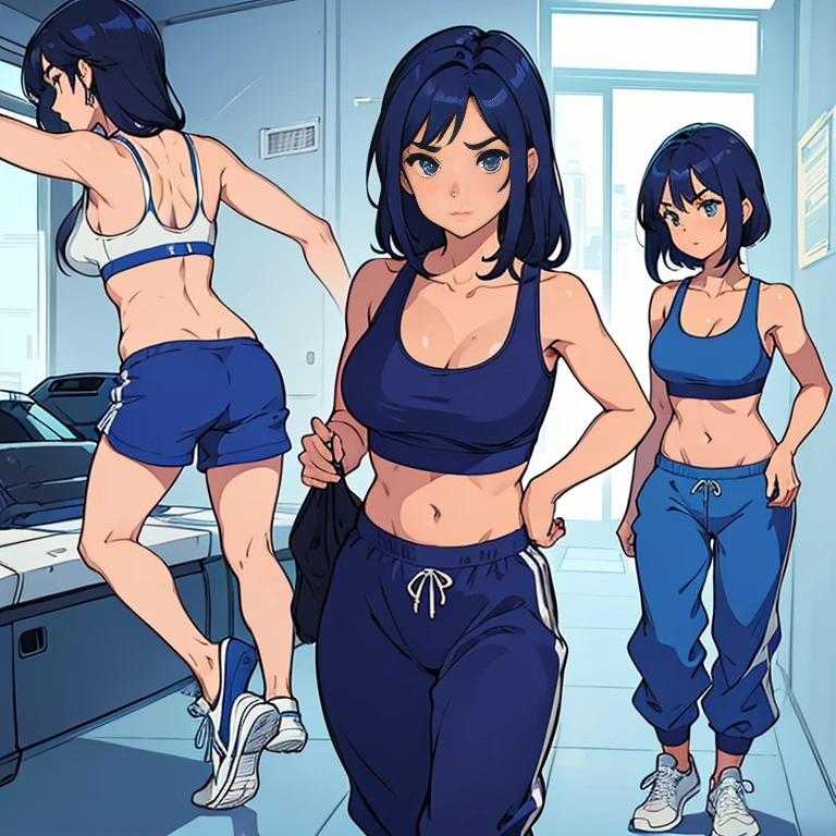 Sexy 25 year old woman, sexy, blue sports bra, plain sports bra, baggy sweatpants, powrise sweatpants, panties visible, sneakers, full body, standing