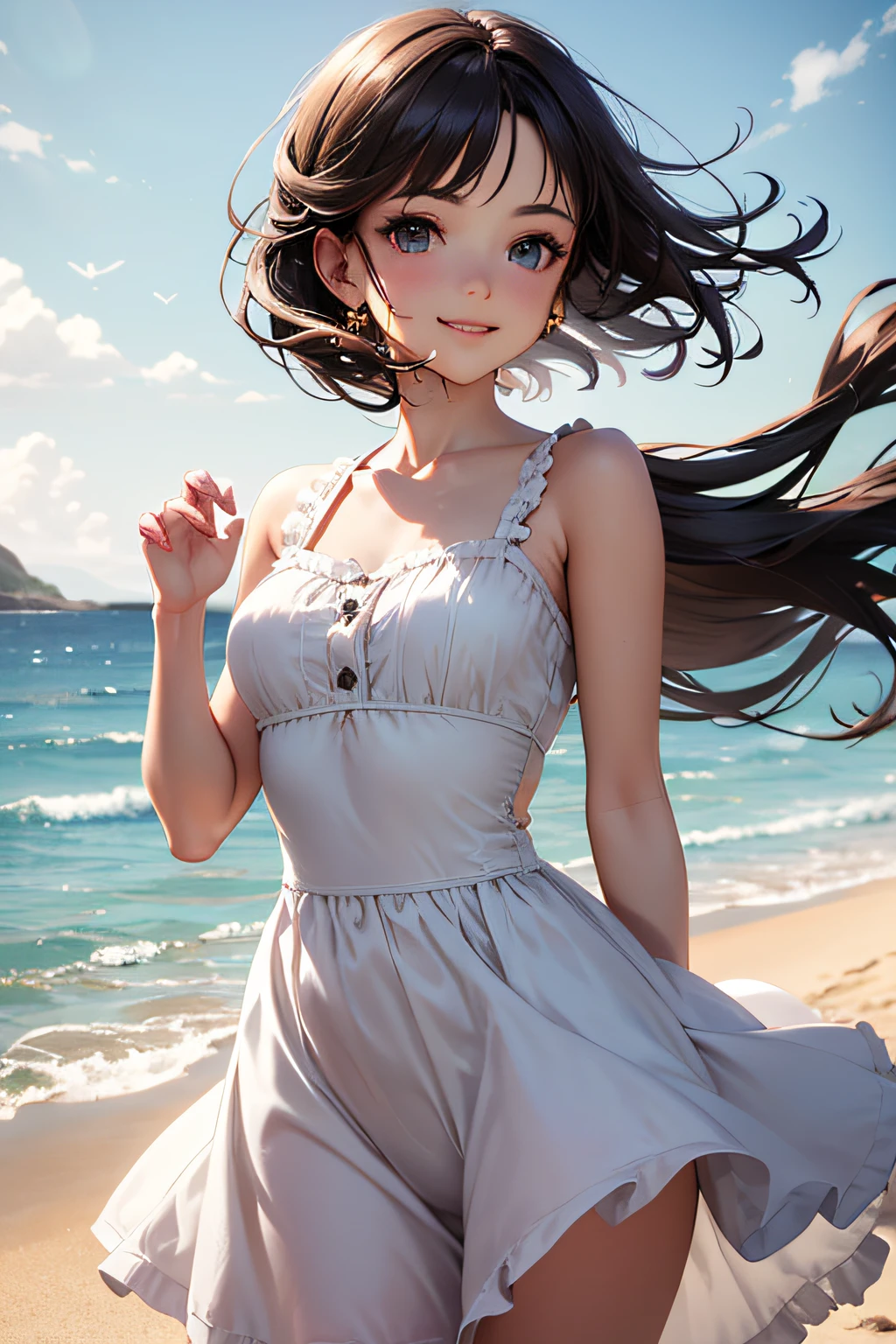 Very cute and beautiful girl,white sundress with small ruffles,(very detailed beautiful face and eyes:1.2),
(Cowboy Shot),Detailed legs,Smile,Black hair,Dynamic Pose,Dynamic Angle,Looking at Viewer,
(Beach),steep cliff in the distance,(Best Quality,masutepiece:1.2),(Intricate details),1 girl,Solo,hight resolution,
Natural lighting,Hair fluttering in the wind,Beautiful detailed sky,