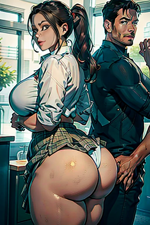 Best quality, mature woman, giant ass, thick muscular thighs, wide hips, very curvy, tanned skin, styled high ponytail, pear green eyes, full lips, seductive, sly smile, exposed white button up, pear green plaid skirt, ribbon in hair, thick thighs, curvy physique, guy grabbing squeezing groping her ass