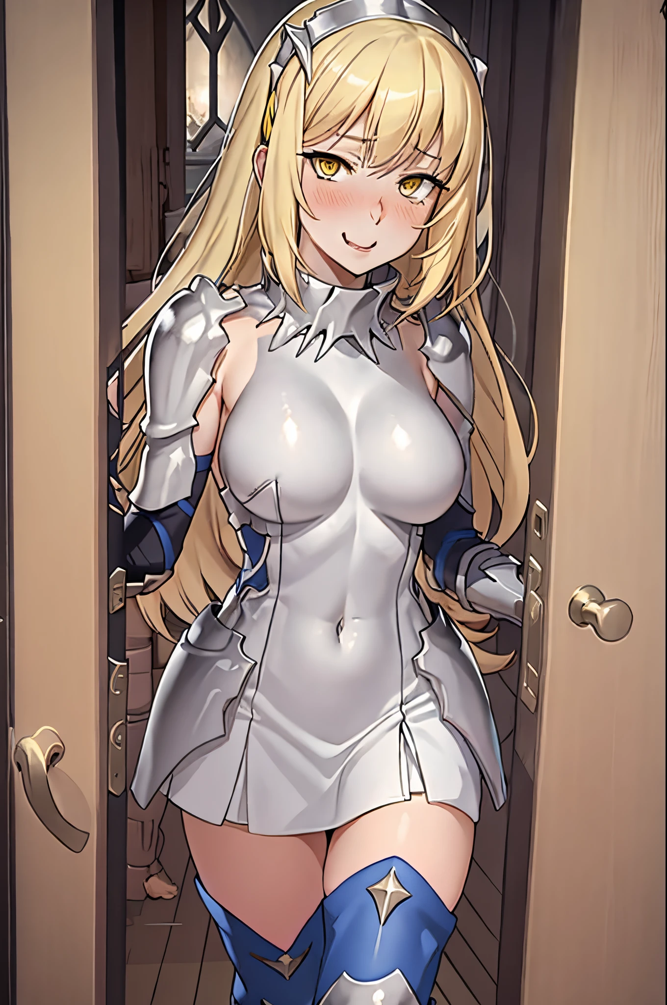 yellow eyes,blonde hair,(blush,pleasure,delight,orgasm,cleanched teeth,,embarrased,rolling eyes)((open door doorway)),full body, 1girl, solo, blonde hair, armor, long hair, straight hair, thighhighs, boots, dress, yellow eyes, thigh boots, blue long boots, blue footwear, covered navel, breastplate, shoulder armor, gloves, white dress,ahg rolling eyes tongue