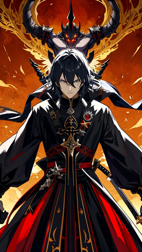 Knight, Anime, Sword, Hair. Black clothes, Demon background, Possessed, man, dark.