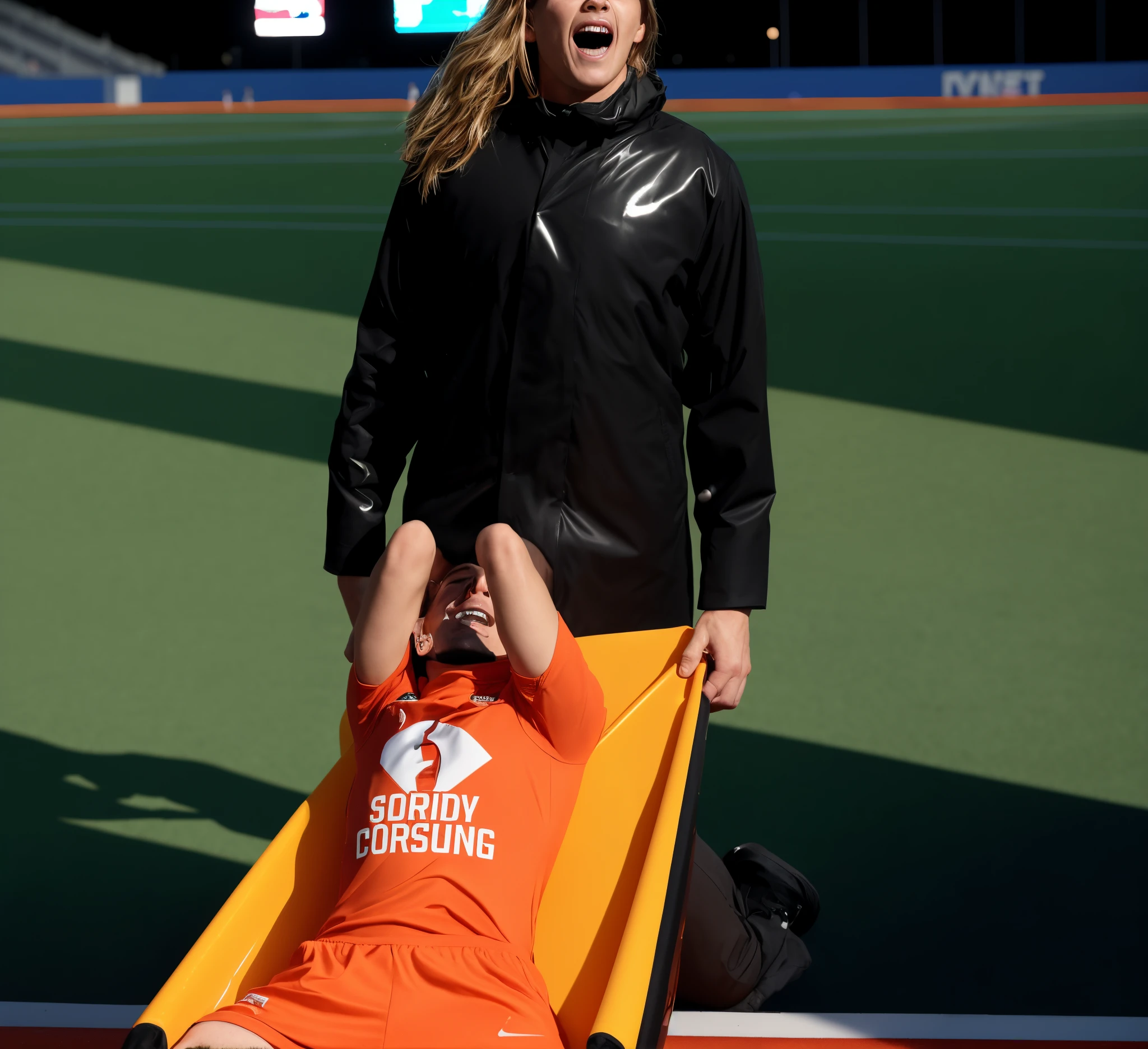 very very glossy and slick downcoat, Photography of an injured sportsman on a stretcher being carried by a longhaired blond woman in a long black down coat, a shiny vinyl coat, a shiny black down coat, a high shine dark down coat, a young male soccer player in short sportswear is lying on his back on a stretcher and is grabbing his shin with his hands, hyperralistic, very realistic, ultrarealistic photorealistic, pgoto, photoreal, a young woman is wearing a high shine black downcoat and is holding a stretcher inside a sports stadium, a young madeup blond woman in a high-shine padded coat is shouting out for help and has a very sad and furious expression in her face, a sportsman is lying on a stretcher and has a very painful and suffering face, a young sportsman on a stretcher with a very painful expression in his face, dramatic action pose, sports accident, injury scene, theatralic pity pose, pity pityful, pain, a sportsman is lying on a stretcher and is crying in pain, a young madeup woman in a shiny coat is carrying a man on a stretcher inside a sports stadium, sports scene, stadium