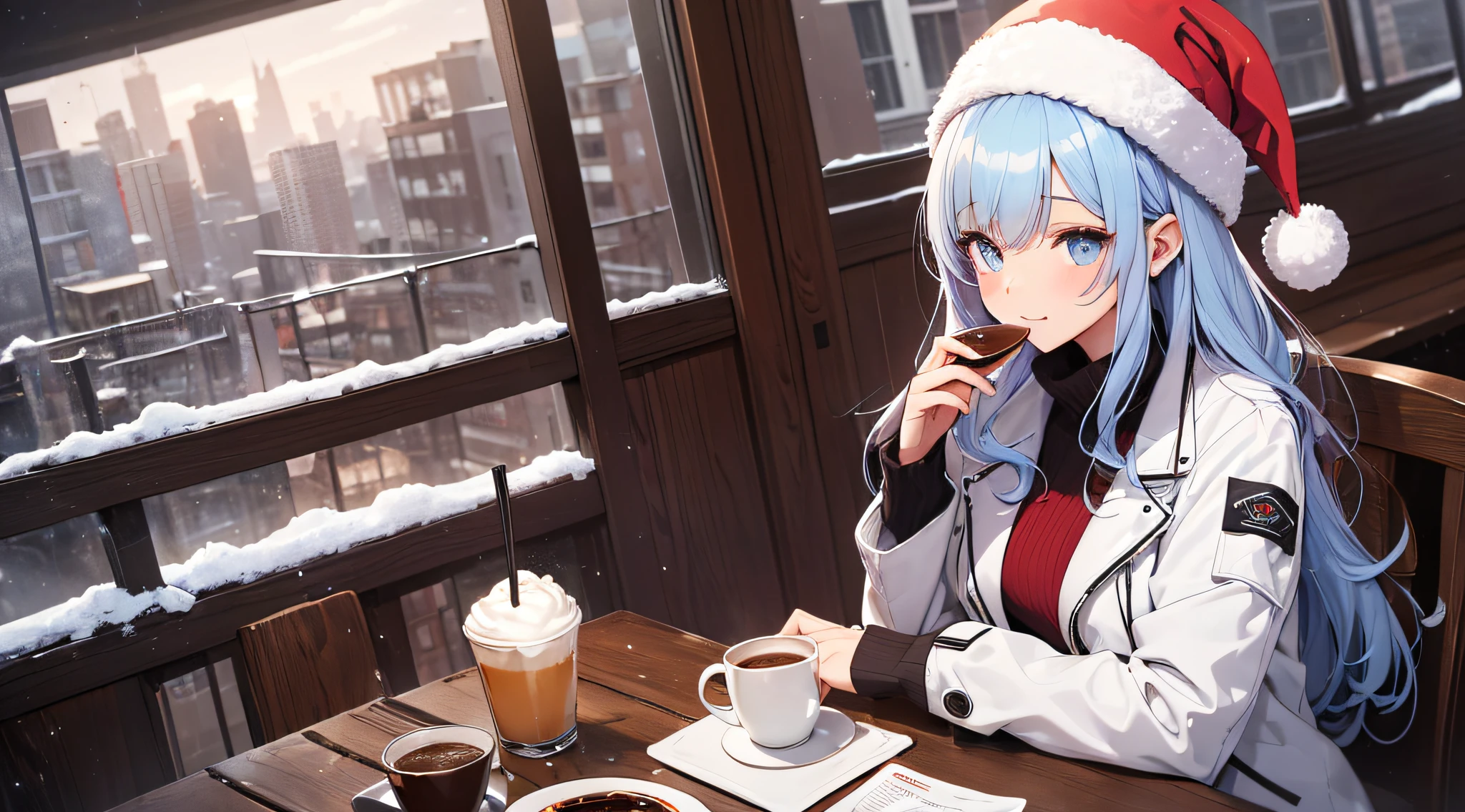 top-quality、Top image quality、masterpiece、s girl((white longcoat、black pants rack over shirt、Santa's Hat、18year old、 Ager、Best Bust、big bast,Beautiful light blue eyes, Long silver hair、A slender,Large valleys、dye one's cheeks red、White breath、Reflecting the whole body、jamping、reaching out her hands、dye one's cheeks red、A slight smil、sit a chair、A slight smil、snuggle here、Shining eyes)),hiquality、Beautiful Art、Background with(( Calm cafe at night、Counter seats、Hot coffee、chocolate cake、snowflakes falling、Heavy snow falls、snowman、 A world where snow piles up)))、masutepiece、depth of fields,