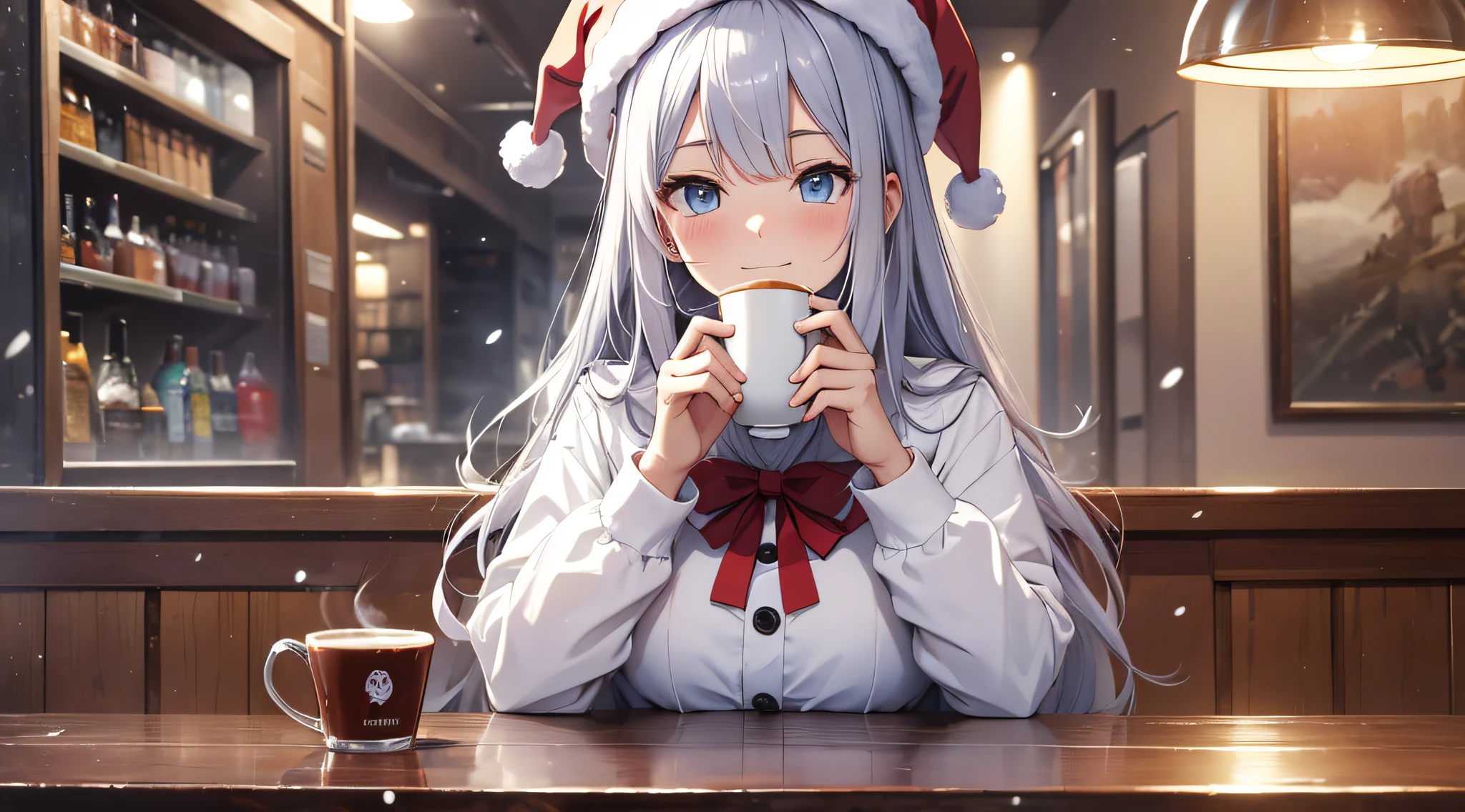 top-quality、Top image quality、​masterpiece、teens girl((white longcoat、black pants rack over shirt、Santa's Hat、18year old、 Ager、Best Bust、big bast,Beautiful light blue eyes, Long silver hair、A slender,Large valleys、dye one's cheeks red、White breath、Reflecting the whole body、jamping、reaching out her hands、dye one's cheeks red、A slight smil、sit a chair、A slight smil、snuggle here、Shining eyes)),hiquality、Beautiful Art、Background with(( Calm cafe at night、Counter seats、Hot coffee、chocolate cake、snowflakes falling、Heavy snow falls、snowman、 A world where snow piles up)))、masutepiece、depth of fields,