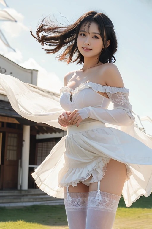 Japan woman with black hair、Unity 8k Wallpapers、ultra-detailliert、Beautiful body、Beautiful fece、​masterpiece、top-quality、The soft, Warm atmosphere, The warm, romantic, Blissful, literary, art by, lo fashion、In the street、ornamented, with an intricate, Ironwork, White lace,Satin fabric、off shoulders、 Tucking skirt、(Tiered skirt)、Overskirt、weddingdress, (Princess Line)、dress with ruffles、 a 20 yo woman、emotional depth, Supernatural, Lovely smile,Perfect fingertip、(portrait of a full body)，perfect hand、Feminine sexy pose、(Skirt lifted by the wind:1.8)、(White panty:1.8)