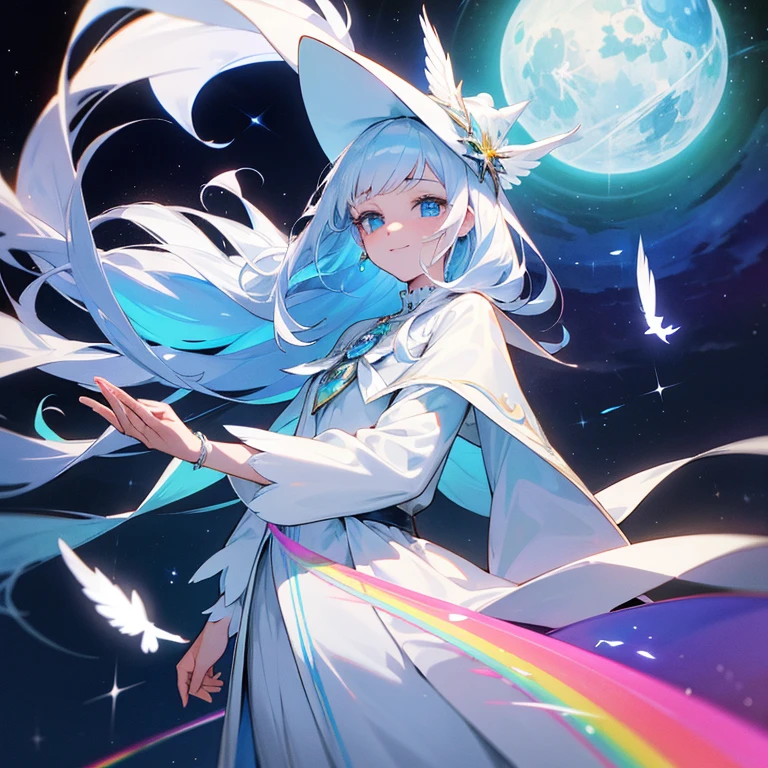 Human Female,27yo,Adults,Alone,Precure,Fight with magic,Smooth long hair,pure white hair,Big blue eyes,Sparkling eyes,White witch costume with rainbow colored jewels,White fluffy long skirt,A white cloak that seems to contain the universe,White ribbon,a white collar,in warm colors,blanche,pure,kindly smile,Cool,Fantasia,Magical,myterious,Mysterious,Beautiful fece,Hopeful,animesque,White Witch,strong con,bro,uses magic,European style,colorful gems,white crow feathers,White witch hat with white ribbon and white bird feathers,magic wand with aurora gemstone,optic,Silver Light,use rainbow magic,Rainbow Light,face forwards,wind blowing from the right side,Best Quality,high-level image quality,hightquality,a moon,Aurora,stele,No logo