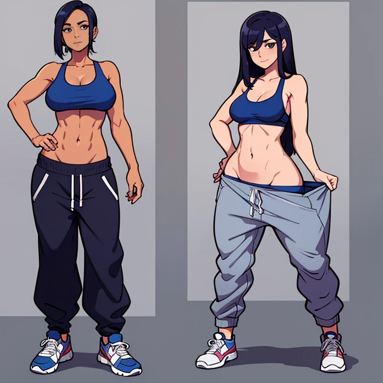 Sexy 25 year old woman, sexy, blue sports bra, plain sports bra, baggy sweatpants, lowrise sweatpants, panties visible, sneakers, full body, standing