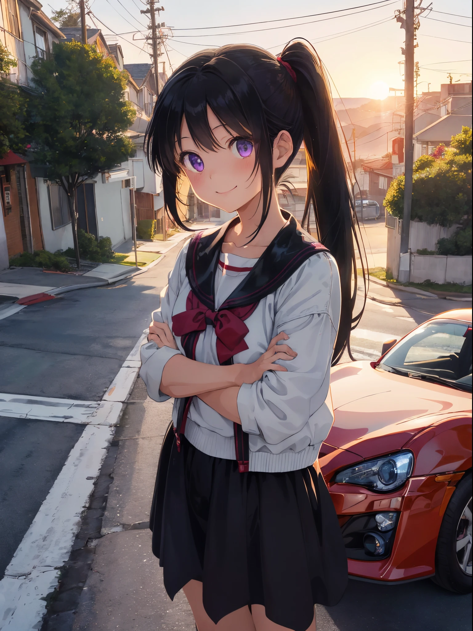 masterpiece、top-quality、white hair、poneyTail、Light purple eyes、A smile、
Leaning on a vintage red Toyota 86、Sailor Mars with her arms crossed and a charming expression on her face。she is wearing a black leather jacket and high heels、The setting sun casts a warm glow on the scene。Camera Angle:medium shot。