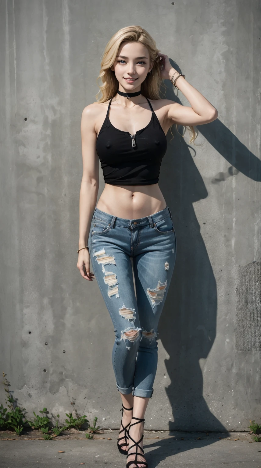 25-year-old Caucasian woman、platinum-blonde、blue eyess、Longhaire、Straight hair、accessories on the wrist、wearing a choker、I can see the belly button、My abs are cracked、a smile、Well-proportioned but slim muscular body、I try not to let my head disappear from the screen.、Wearing a black high neck zipper up tank top、I&#39;m wearing low-rise distressed skinny jeans.、I'm wearing pin heels、Shoulder bag over shoulder、I&#39;m in front of an old concrete wall、a smile