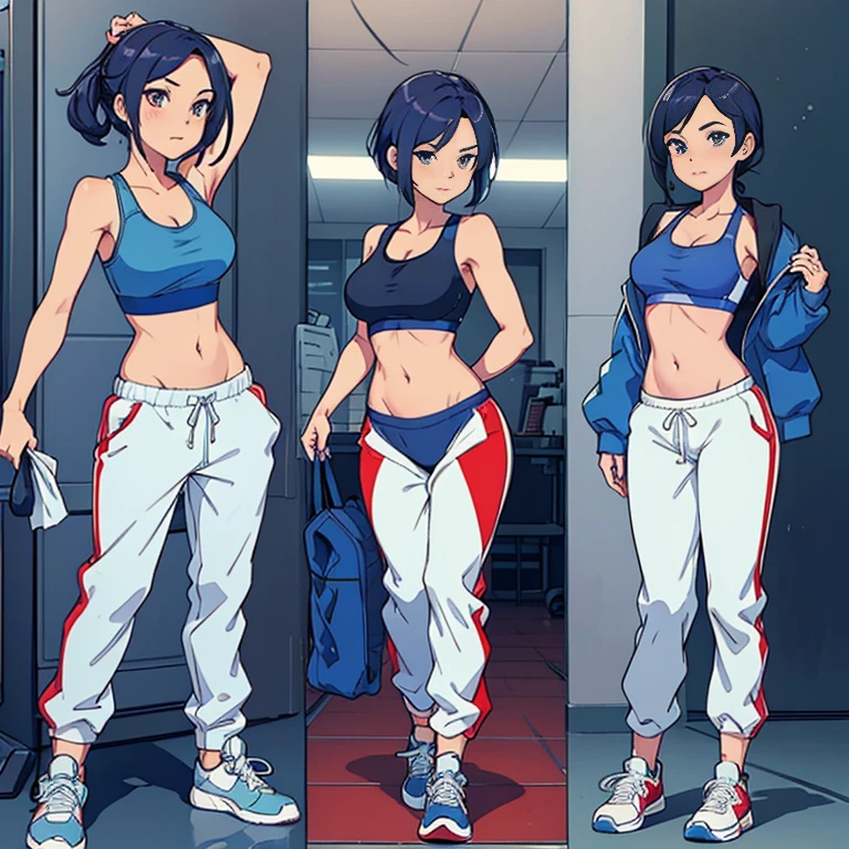 Sexy 25 year old woman, sexy, blue sports bra, plain sports bra, baggy sweatpants, powrise sweatpants, panties visible, sneakers, full body, standing, one figure, one person