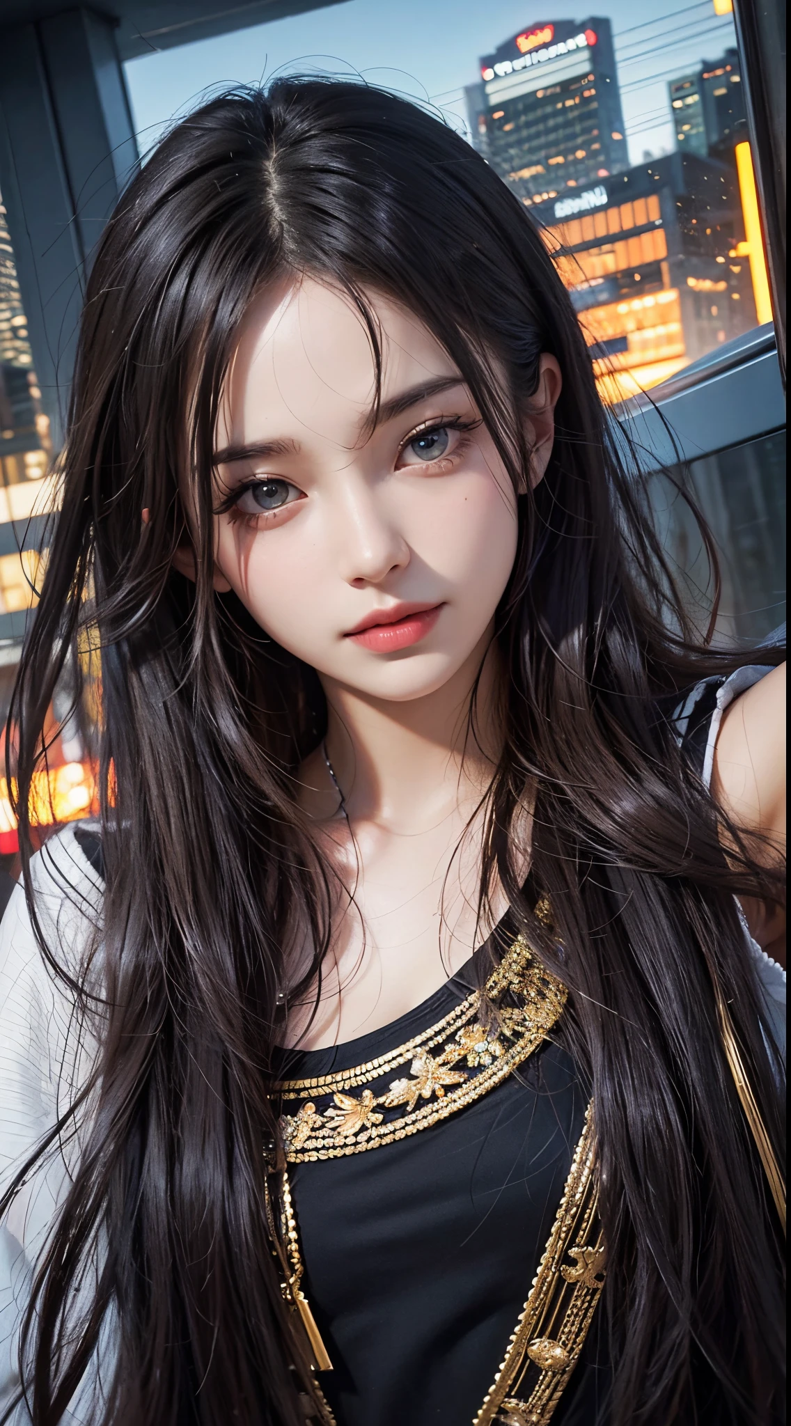 1girl in, Fisheye, Selfie, Wind, hair messy, Sunset, Cityscape, (Aesthetics and atmosphere:1.2),beautiful woman smiling、8K、An ultra-high picture quality、japanes、1 woman around 20 years old、Black hair、short-cut、blue eyes beautiful face、A detailed face、Detailed eyes、realisticeyes、Detailed skin、realskin、Detailed hair strands、dishevled hair、disheveled hair、Slim body、Beautiful body、Nice style、