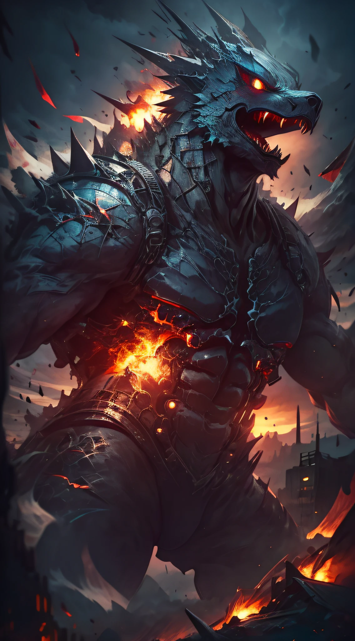 top-quality、Top image quality、​masterpiece、Kaiju((Black torso、red body line、prickly appearance、godzilla style、Spit fire through the mouth,)),hiquality、Beautiful Art、Background with(( Burning City、collapsed building urban explosion explosion flight、combat tank station pieces、depth of fields,