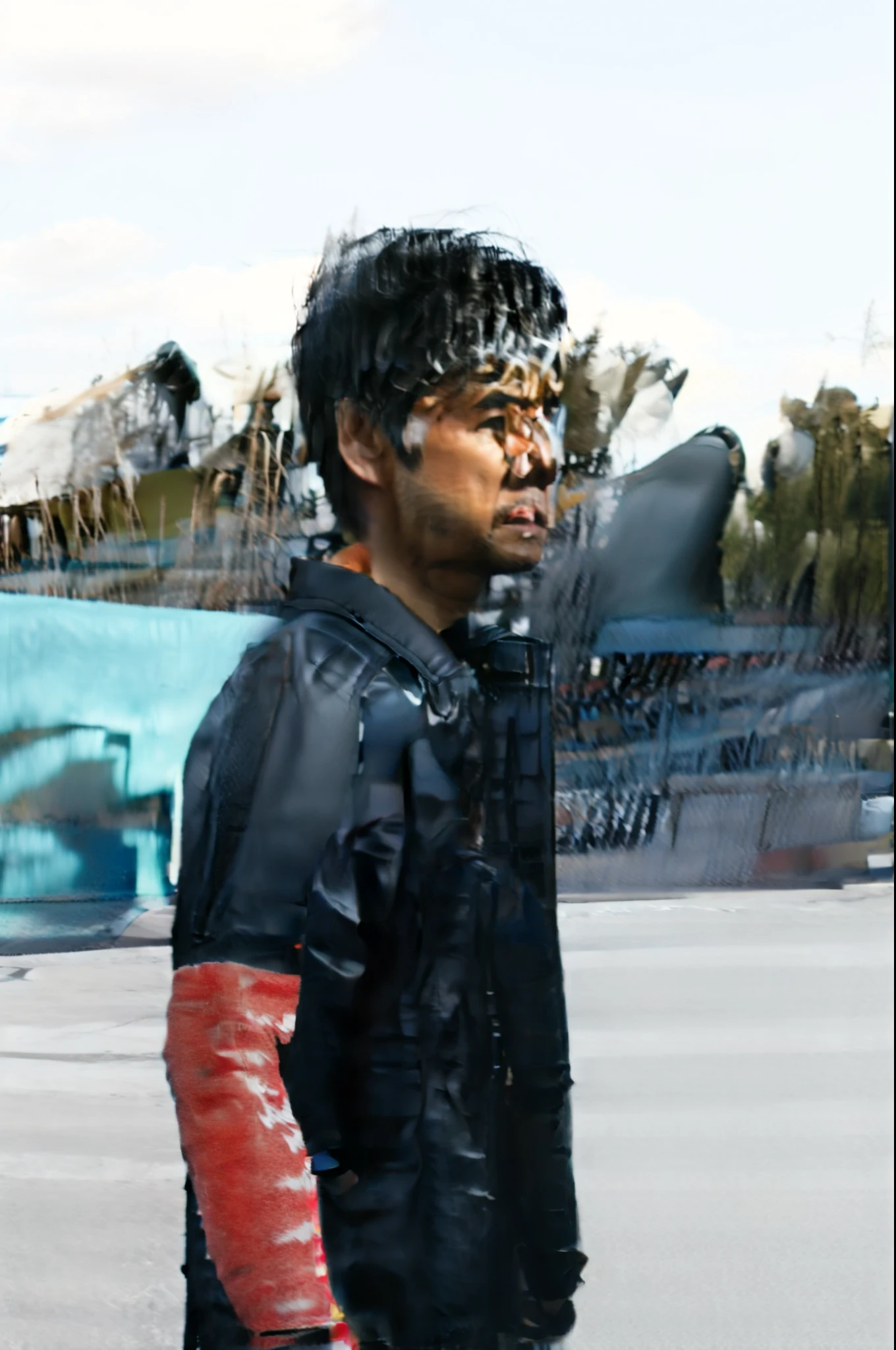 there a man standing in a skate park with a skateboard, profile pose, jayison devadas, he wearing a black t-shirt, hills in the background, shot on sony a 7, taken with sony alpha 9, taken with canon 8 0 d, taken with sony a7r camera, serious focussed look, without beard, with a small beard