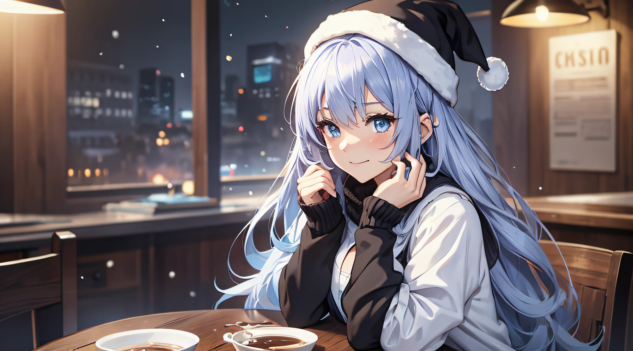 top-quality、Top image quality、masterpiece、teens girl((white longcoat、Blue tank top、black trousers、Santa's Hat、18year old、 Ager、Best Bust、big bast,Beautiful light blue eyes, Long silver hair、A slender,Large valleys、dye one's cheeks red、White breath、Reflecting the whole body、jamping、reaching out her hands、dye one's cheeks red、A slight smil、sit a chair、A slight smil、Please stay here、Shining eyes)),hiquality、Beautiful Art、Background with(( Calm cafe at night、Counter seats、Hot coffee、chocolate cake、snowflakes falling、Heavy snow falls、snowman、 A world where snow piles up)))、masutepiece、depth of fields,