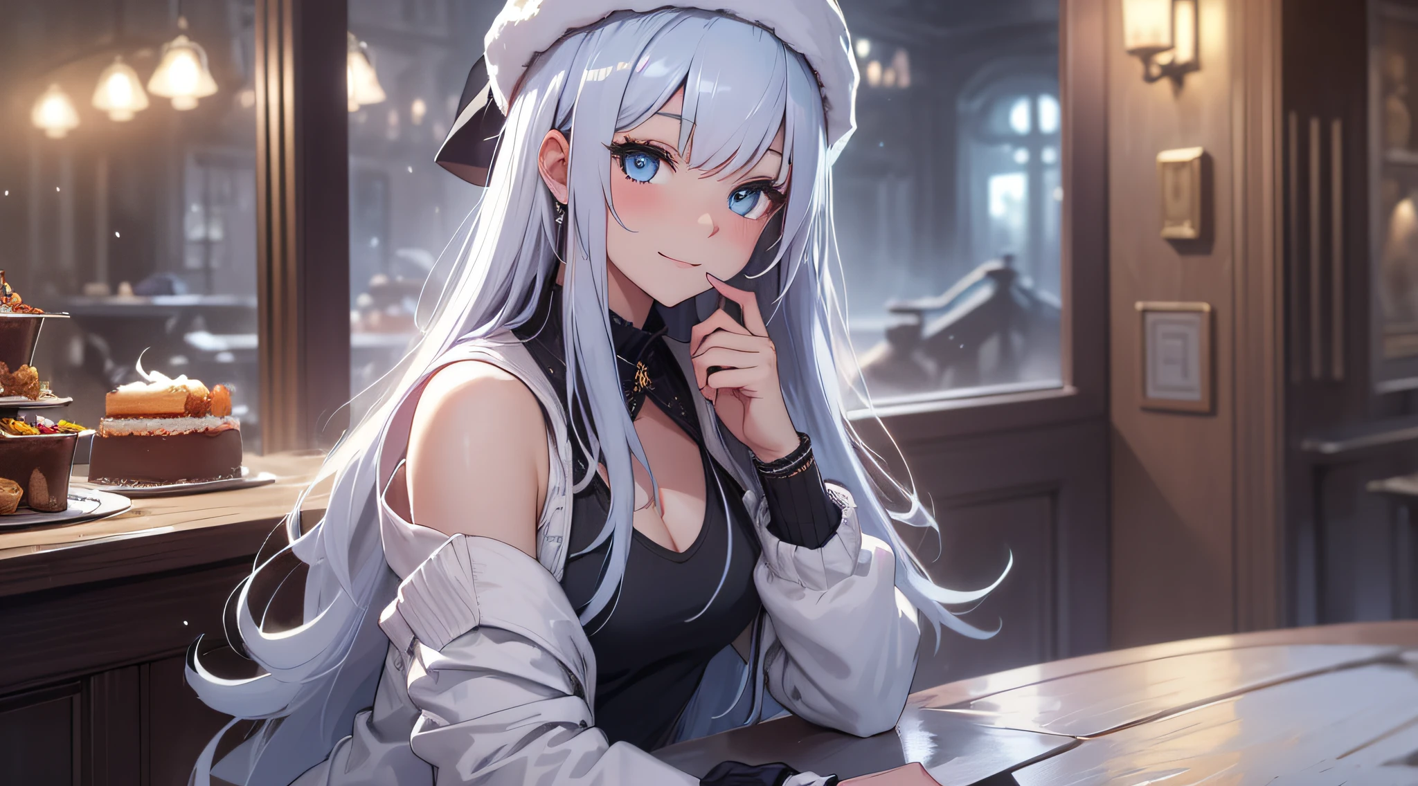 top-quality、Top image quality、masterpiece、teens girl((white longcoat、Blue tank top、black trousers、Santa's Hat、18year old、 Ager、Best Bust、big bast,Beautiful light blue eyes, Long silver hair、A slender,Large valleys、dye one's cheeks red、White breath、Reflecting the whole body、jamping、reaching out her hands、dye one's cheeks red、A slight smil、sit a chair、A slight smil、Please stay here、Shining eyes)),hiquality、Beautiful Art、Background with(( Calm cafe at night、Counter seats、Hot coffee、chocolate cake、snowflakes falling、Heavy snow falls、snowman、 A world where snow piles up)))、masutepiece、depth of fields,