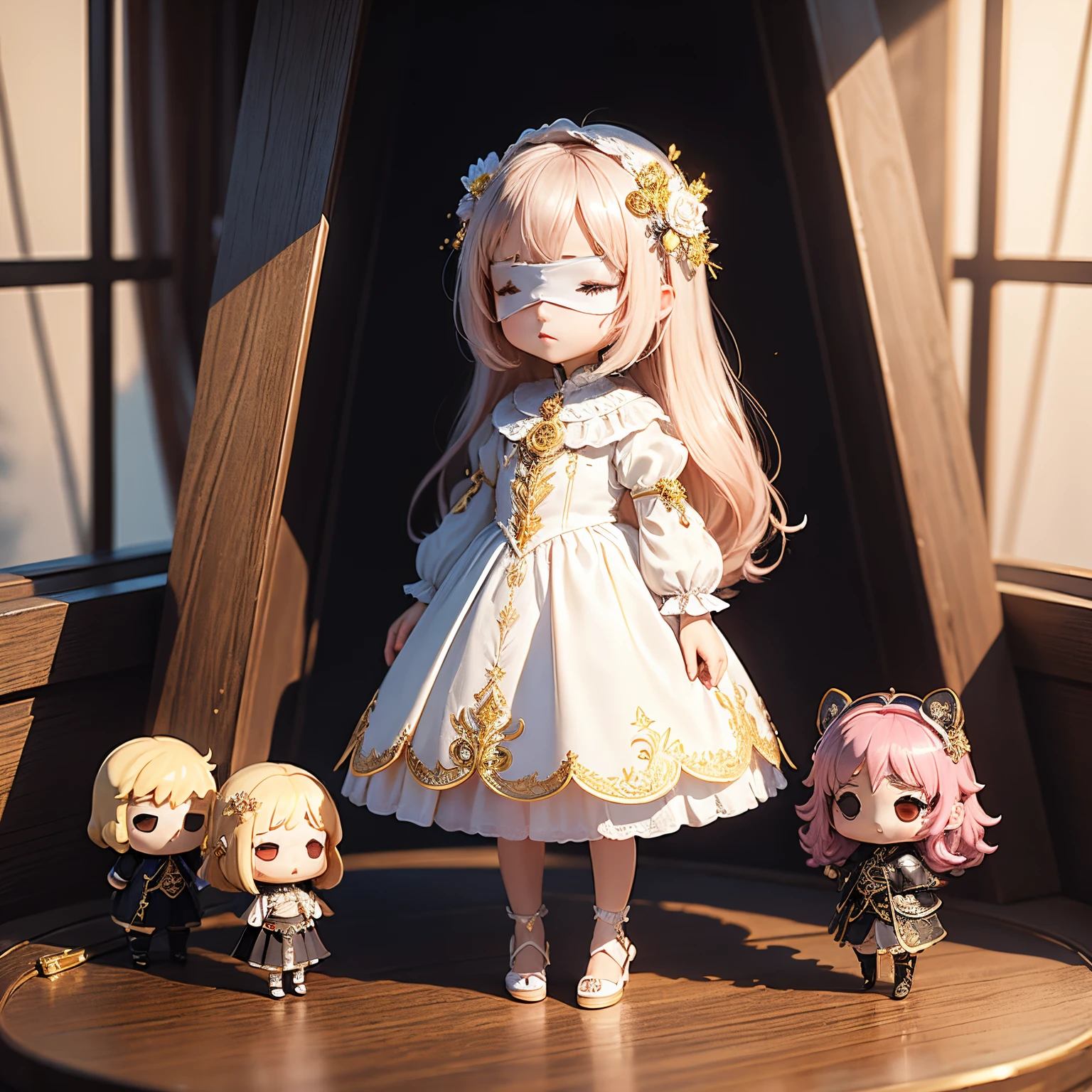 ​masterpiece、top-quality、ultra-detailliert、(Chibi Chara's Daughter:1.2)、blindfolds、The blindfold is a luxurious white blindfold with luxurious jewels and rose embroidery。.、gold bob、wraith、Fairytale autumn forest、Full-body standing figure、Lightning flashes