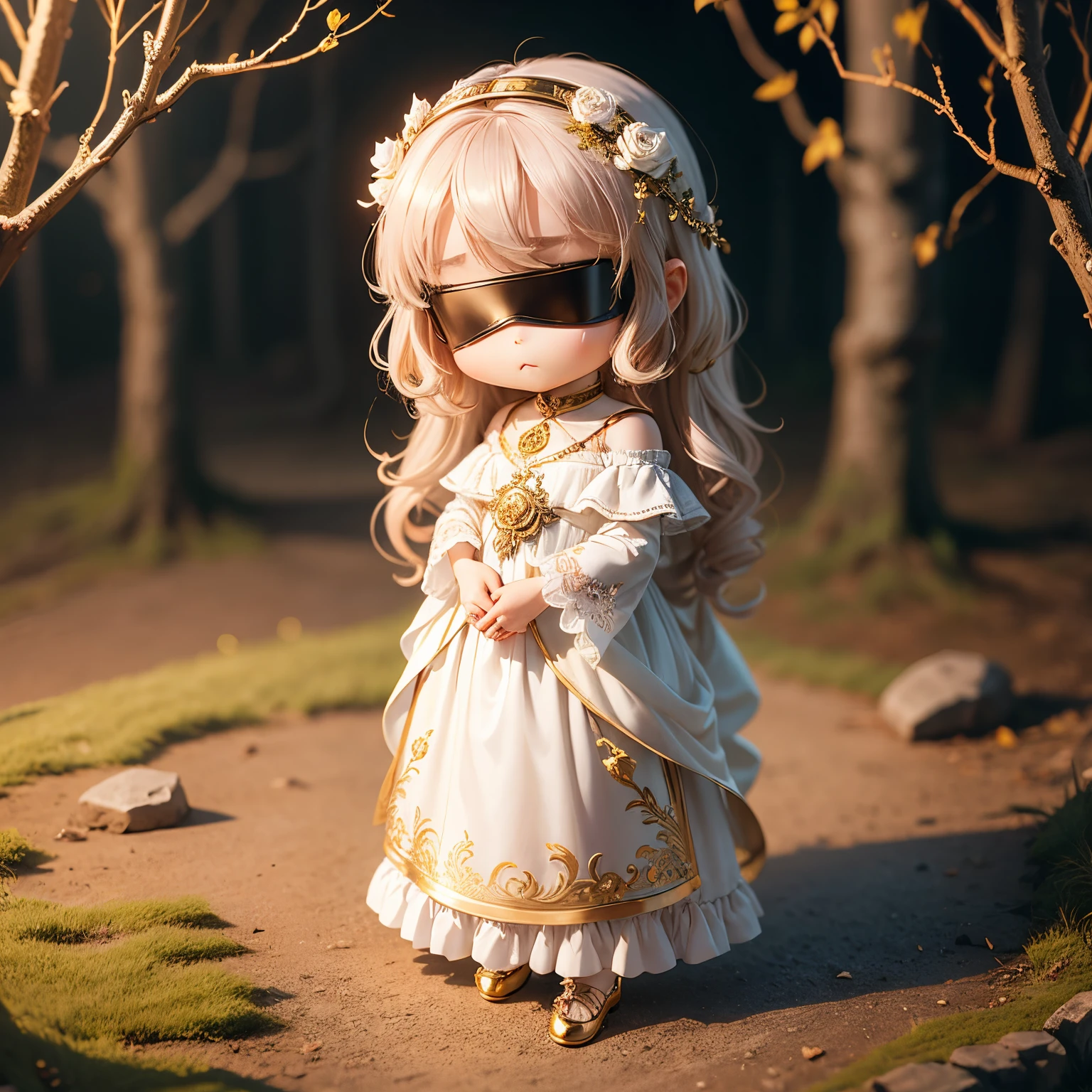 ​masterpiece、top-quality、ultra-detailliert、(Chibi Chara's Daughter:1.2)、blindfolds、The blindfold is a luxurious white blindfold with luxurious jewels and rose embroidery。.、gold bob、wraith、Fairytale autumn forest、Full-body standing figure、Lightning flashes