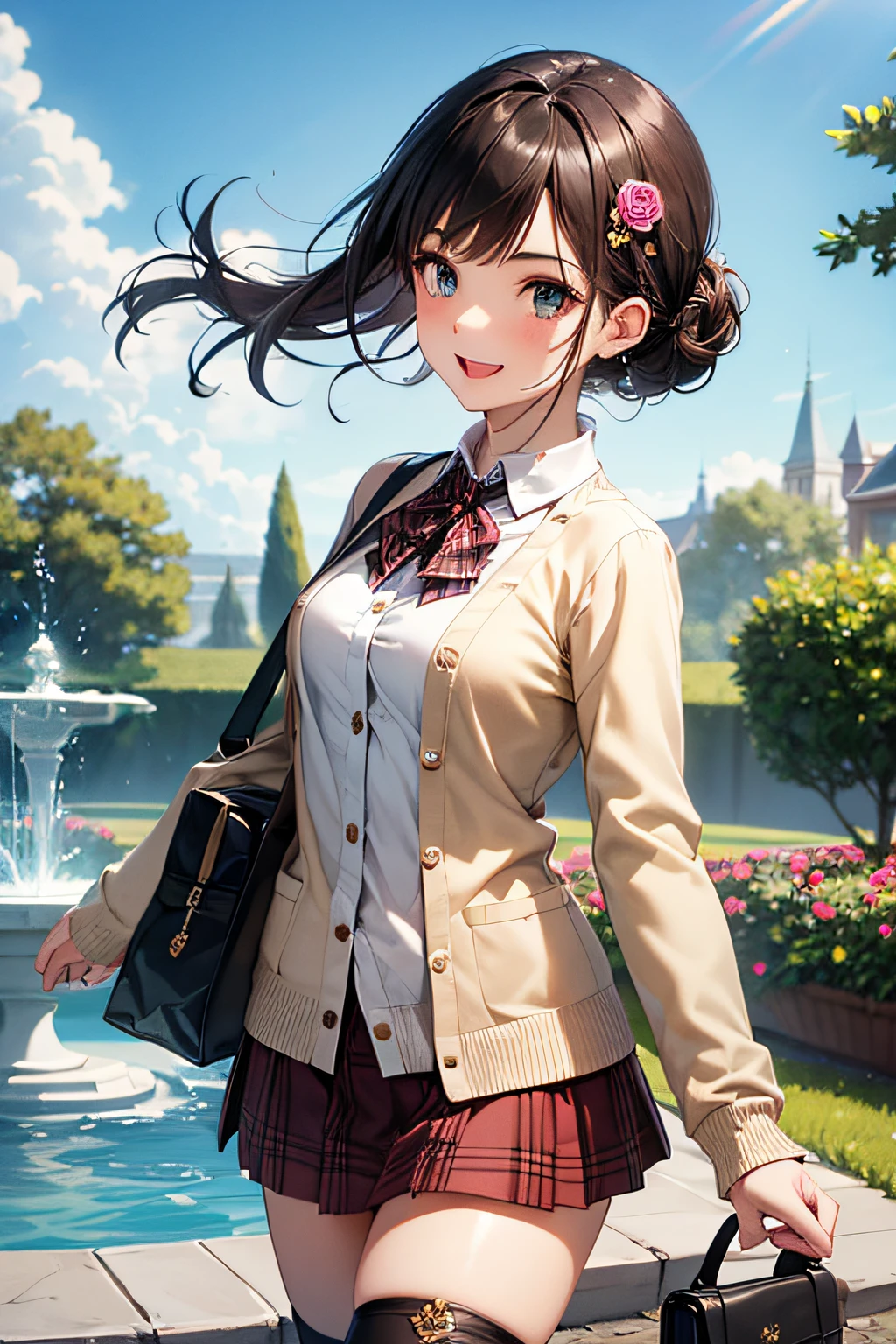 Very cute and beautiful girl,,(very detailed beautiful face and eyes:1.2),(White blouse),Smile,
(mid-shot),(Beige cardigan:1.2) BREAK (Brown shoulder bag),(Brown Plaid Mini Skirt:1.2),zettai ryouiki,
Dynamic Pose,Dynamic Angle,Hair Ornament,Black hair,Black boots,Rose garden arbor,The fountain,
(Best Quality,masutepiece:1.2),(Intricate details:1.2),hight resolution,1 girl,Solo,
Cinematic scene,Hair fluttering in the wind,Beautiful detailed sky,