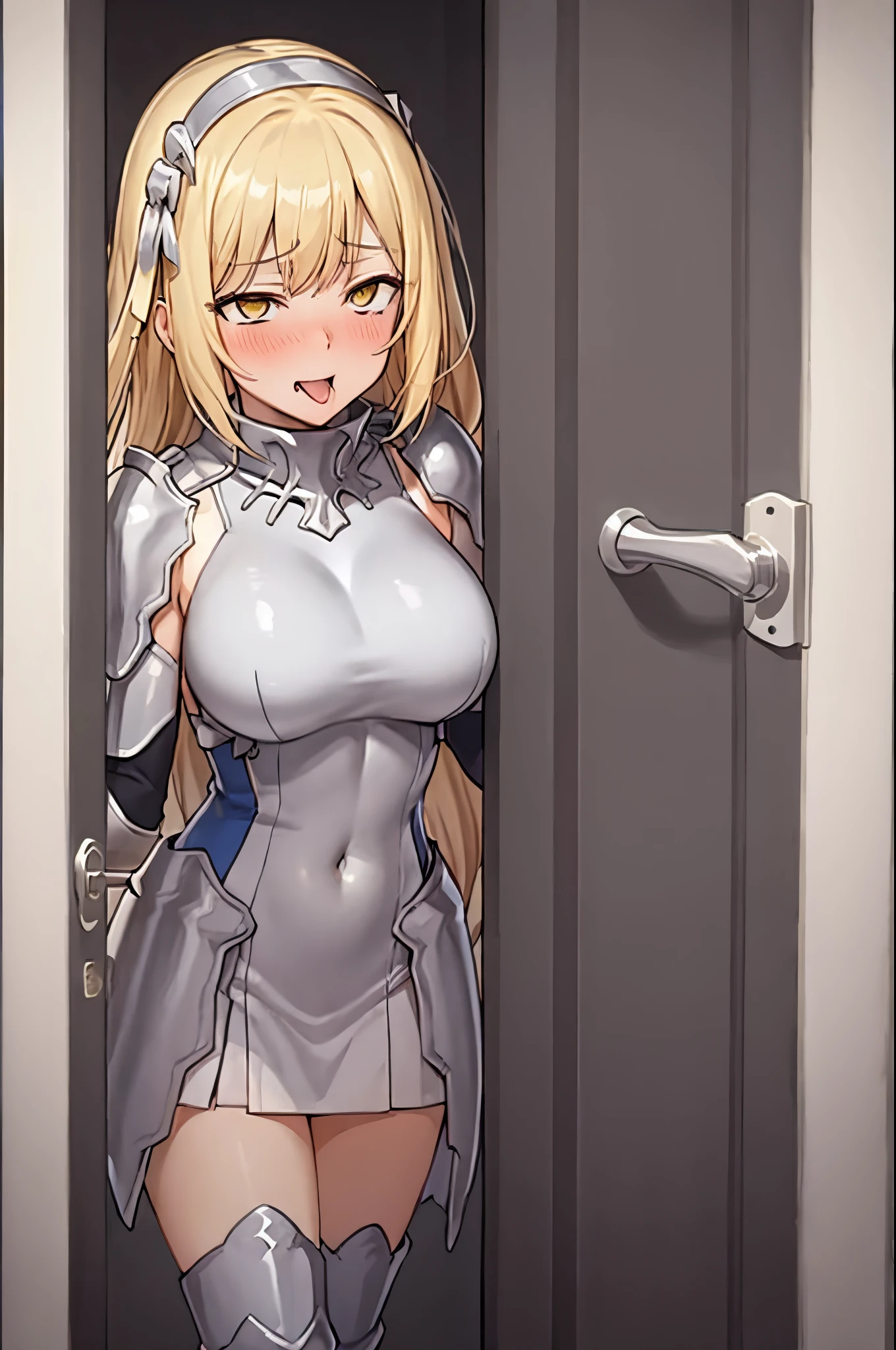 yellow eyes,blonde hair,(blush,pleasure,delight,orgasm,cleanched teeth,,embarrased,rolling eyes)((open door doorway)),full body, 1girl, solo, blonde hair, armor, long hair, straight hair, thighhighs, boots, dress, yellow eyes, thigh boots, blue long boots, blue footwear, covered navel, breastplate, shoulder armor, gloves, white dress,ahg rolling eyes tongue