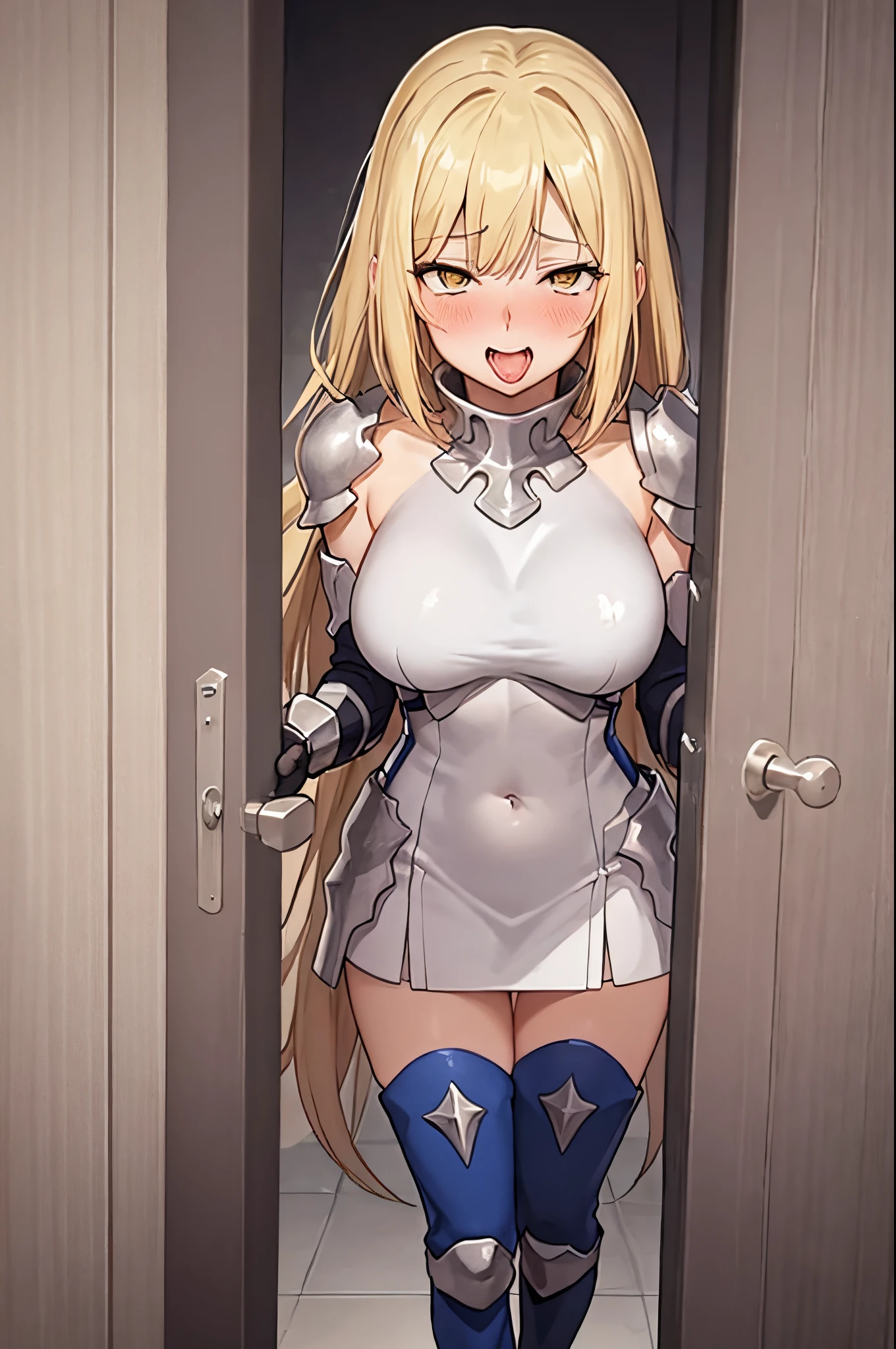 yellow eyes,blonde hair,(blush,pleasure,delight,orgasm,cleanched teeth,,embarrased,rolling eyes)((open door doorway)),full body, 1girl, solo, blonde hair, armor, long hair, straight hair, thighhighs, boots, dress, yellow eyes, thigh boots, blue long boots, blue footwear, covered navel, breastplate, shoulder armor, gloves, white dress,ahg rolling eyes tongue