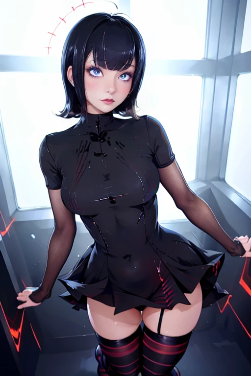 Masterpiece, extra high resolution, ultra -detailed, Beautiful European girl, black hair, short bob cut, Amazing blue eyes, White Skin Skin, red-lips, blushful, gentle look, sorceress, Amazing face, The Amazing Mavis Dracula, realisti, Black Dress, striped socks , Beautiful, the perfect body, Striped Thighhighs, Bulma, (On his feet:1.2)
