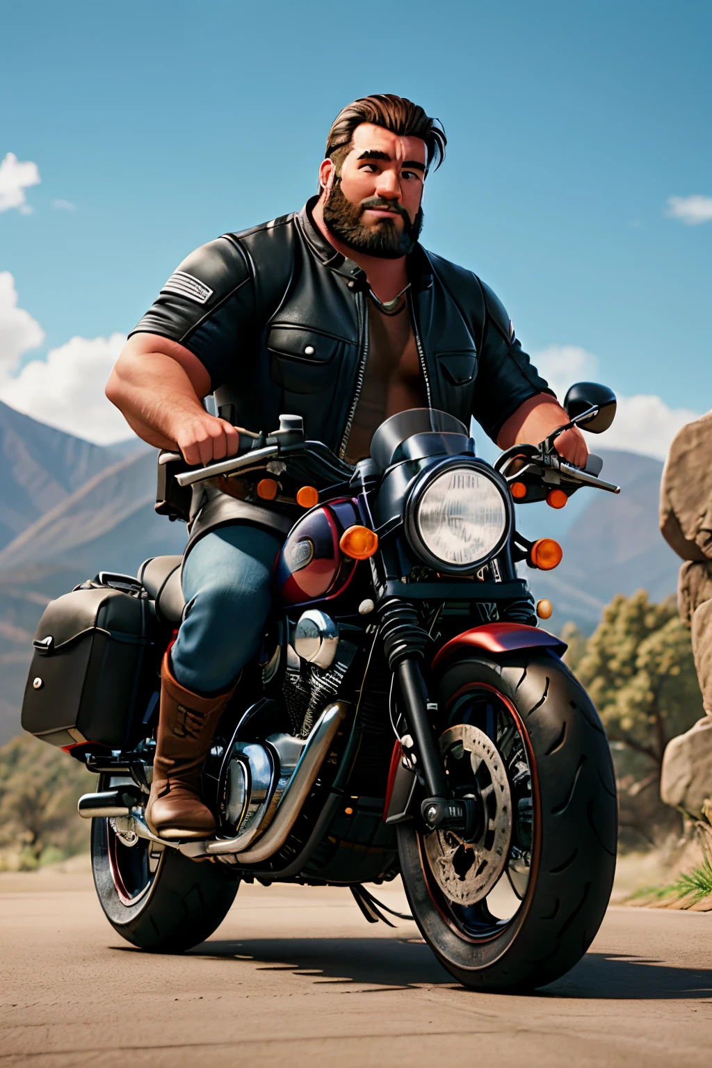 Big burly motorcycle rider wearing leather riding gear wearing a child's backpack