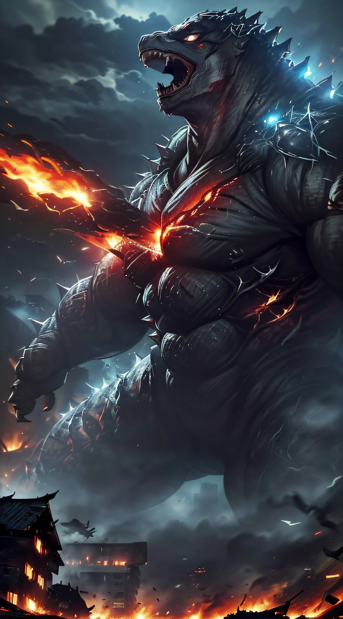 top-quality、Top image quality、​masterpiece、Kaiju((Black torso、red body line、prickly appearance、godzilla style、Spit fire through the mouth,rampage)),hiquality、Beautiful Art、Background with(( Burning City、collapsed building urban explosion explosion flight、Combat tank station parts、depth of fields,