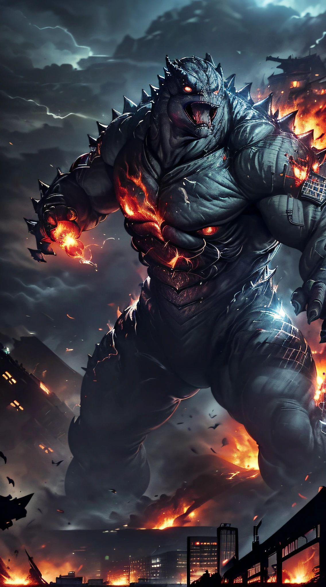 top-quality、Top image quality、masterpiece、Kaiju((Black torso、red body line、prickly appearance、godzilla style、Spit fire through the mouth,rampage)),hiquality、Beautiful Art、Background with(( Burning City、collapsed building urban explosion explosion flight、Combat tank station parts、depth of fields,