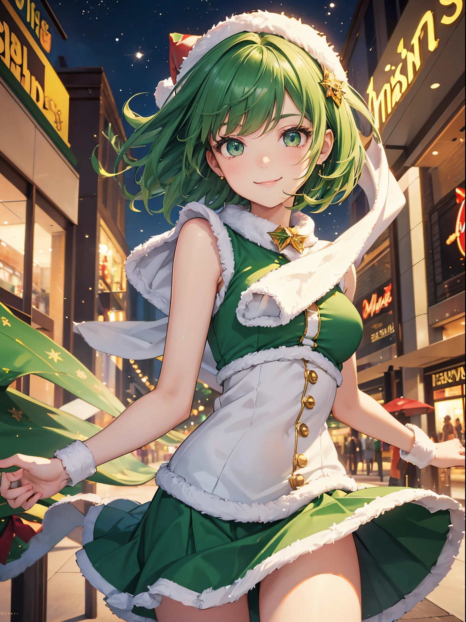 master piece,best quality, Solo lady,24 year old, beautiful eyes,cute, dynamic pose,green santa claus costume, detailed clothing,green skirt, shy smile, green hair, short hair, flipped hair,waving in a strong wind hair,Mall