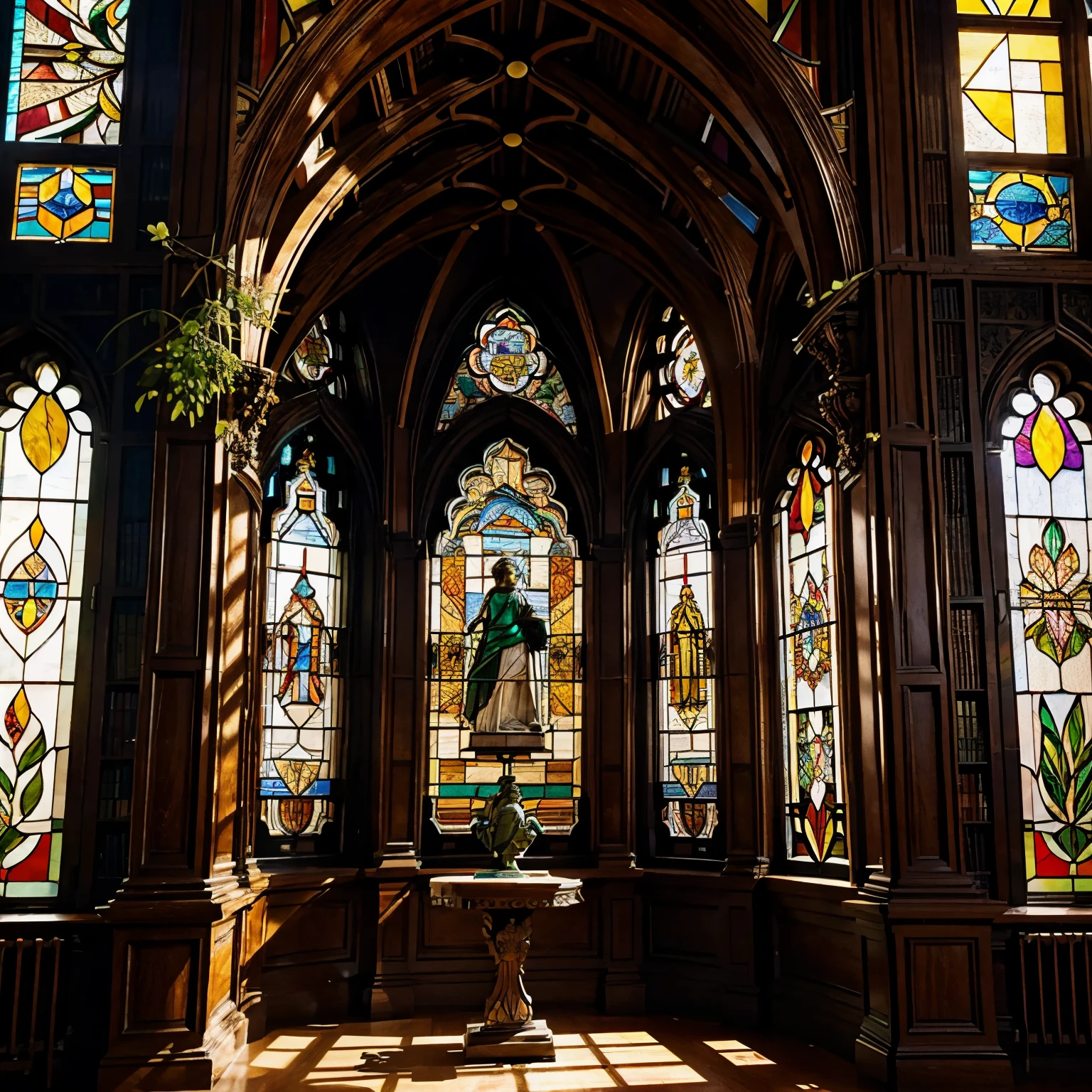 library, beautiful, flowers, plants, colorful stained glass windows, beautiful patterns around the room, beautiful statues, magical, space, tropical, wood with patterns in them,