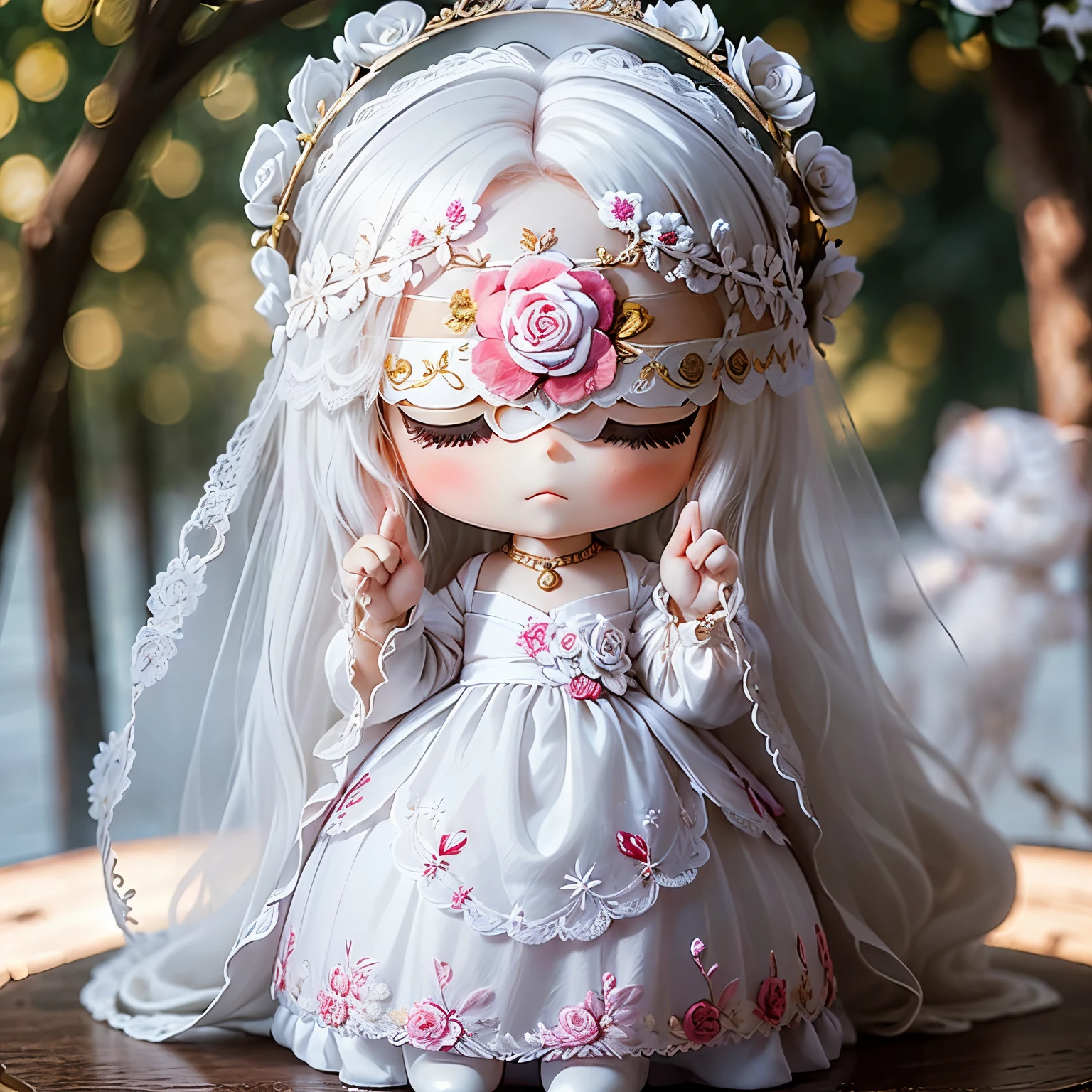 ​masterpiece、top-quality、ultra-detailliert、(Chibi Chara's Daughter:1.2)、blindfolds、(The blindfold is a luxurious white blindfold with luxurious jewels and rose embroidery.:1.3)。.、gold bob、wraith、Fairytale autumn forest、Full-body standing figure、Lightning flashes